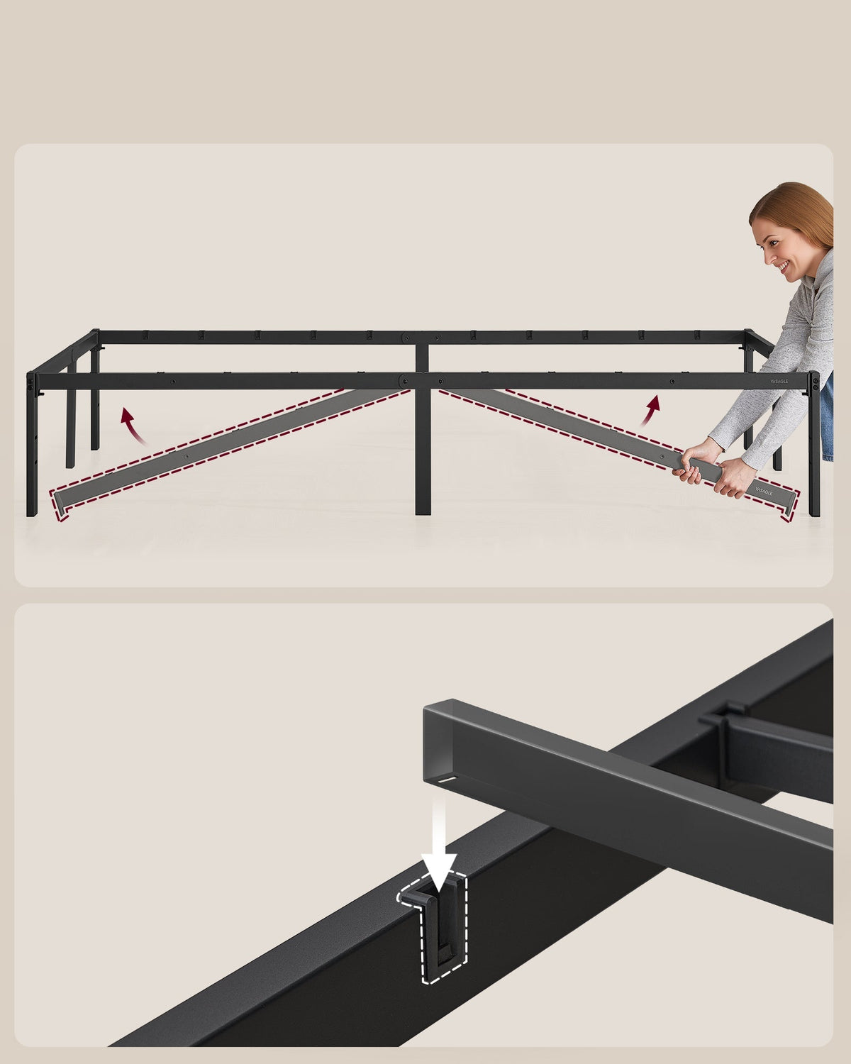 VASAGLE metalni okvir bračnog kreveta s prostorom za pohranu ispod kreveta, 140 x 200 cm, crna