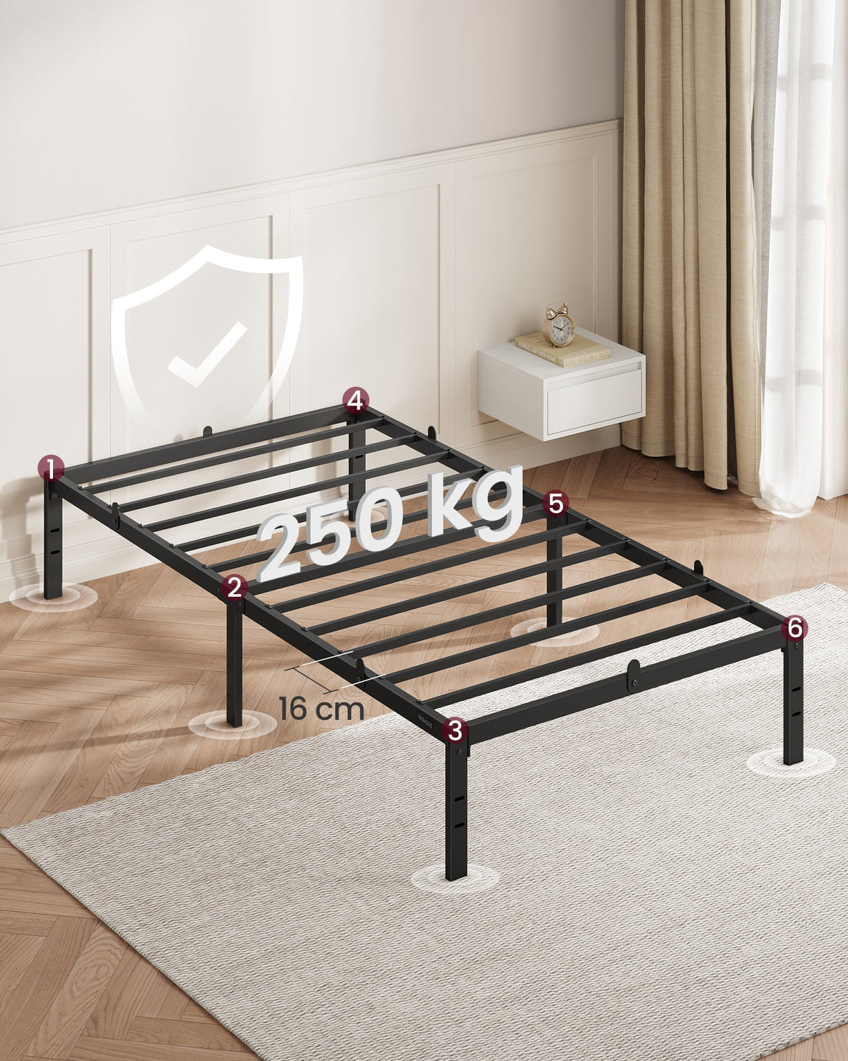 VASAGLE metalni okvir kreveta za jednu osobu s prostorom za pohranu ispod kreveta, 90 x 200 cm, crna