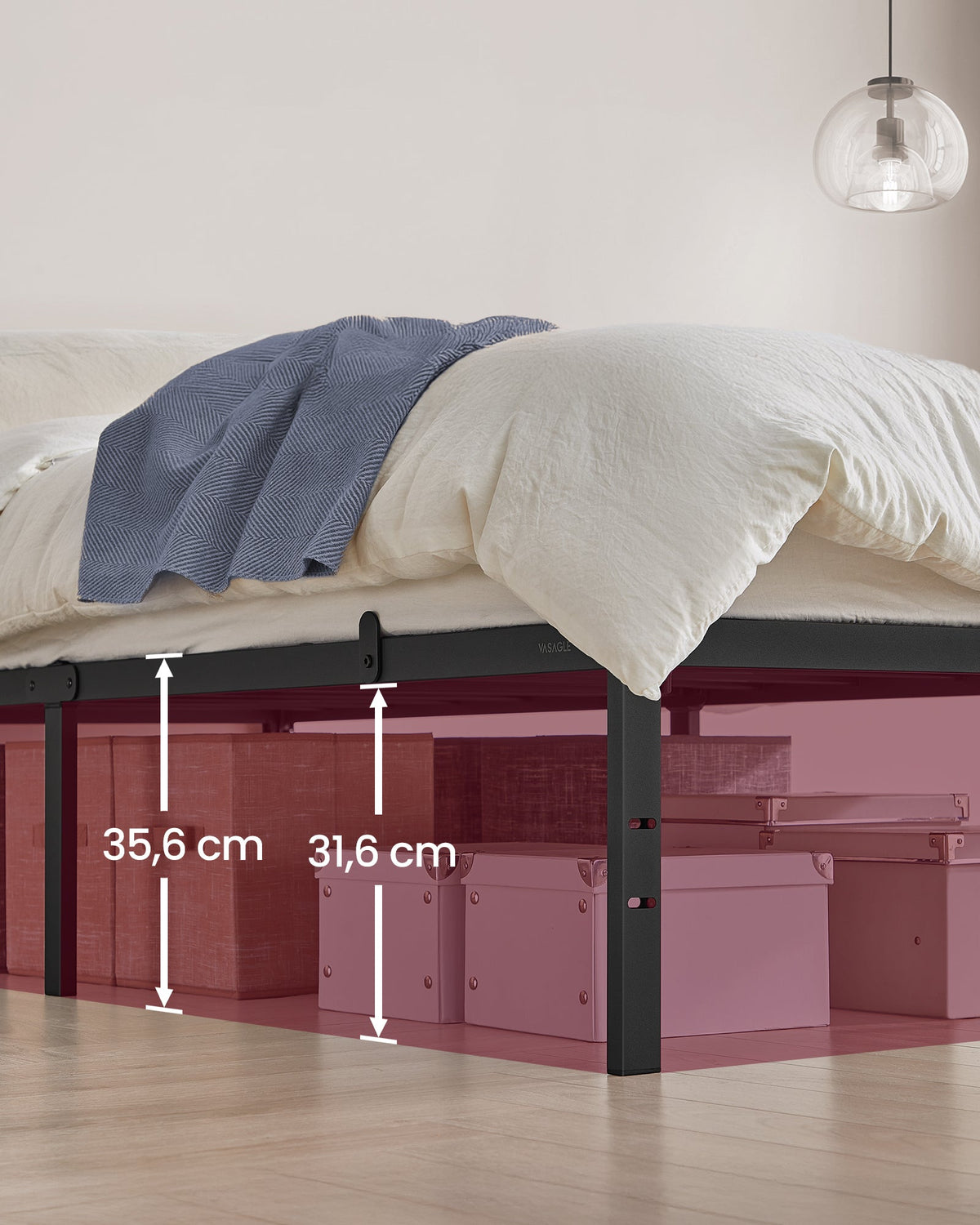 VASAGLE metalni okvir kreveta za jednu osobu s prostorom za pohranu ispod kreveta, 90 x 200 cm, crna