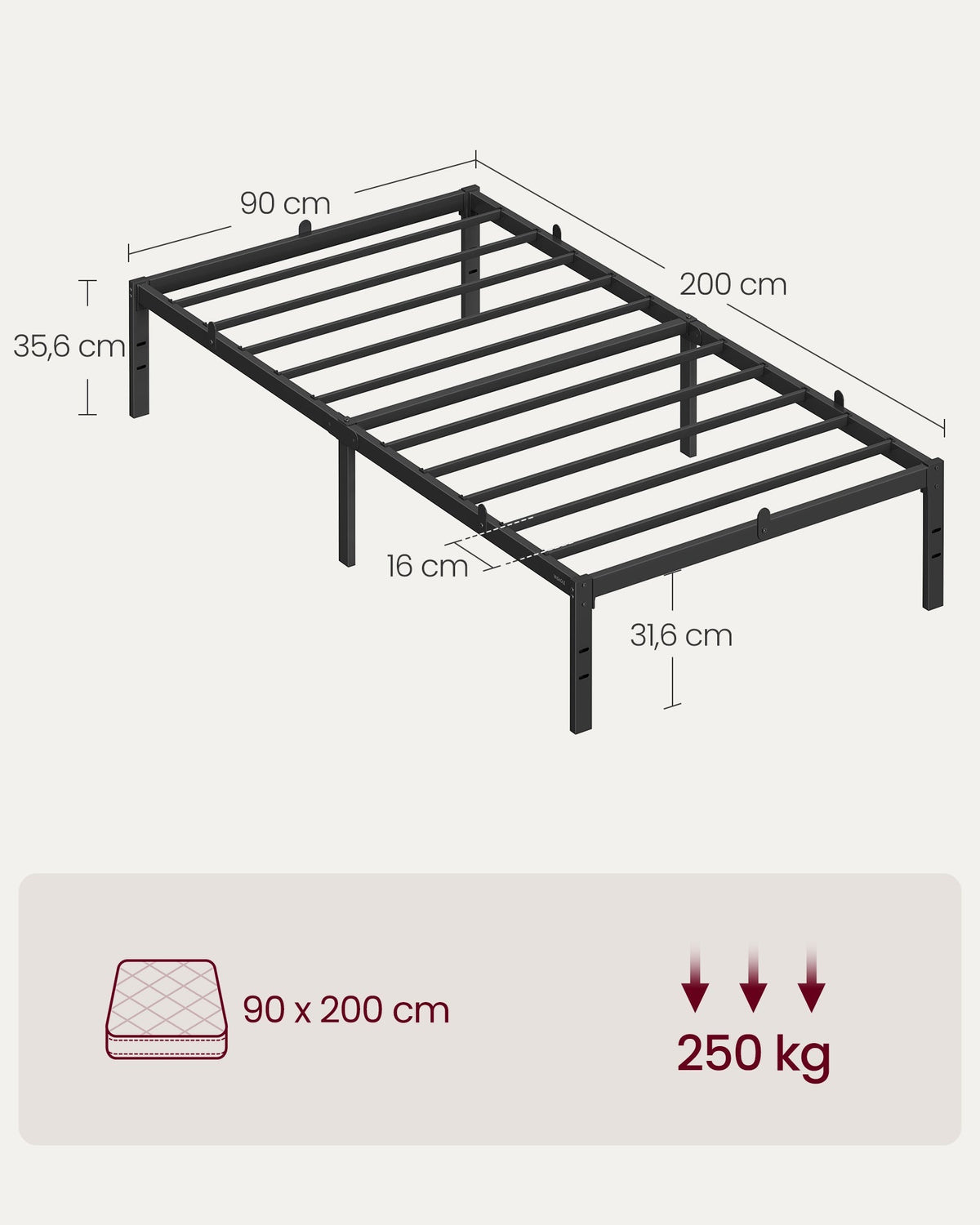 VASAGLE metalni okvir kreveta za jednu osobu s prostorom za pohranu ispod kreveta, 90 x 200 cm, crna
