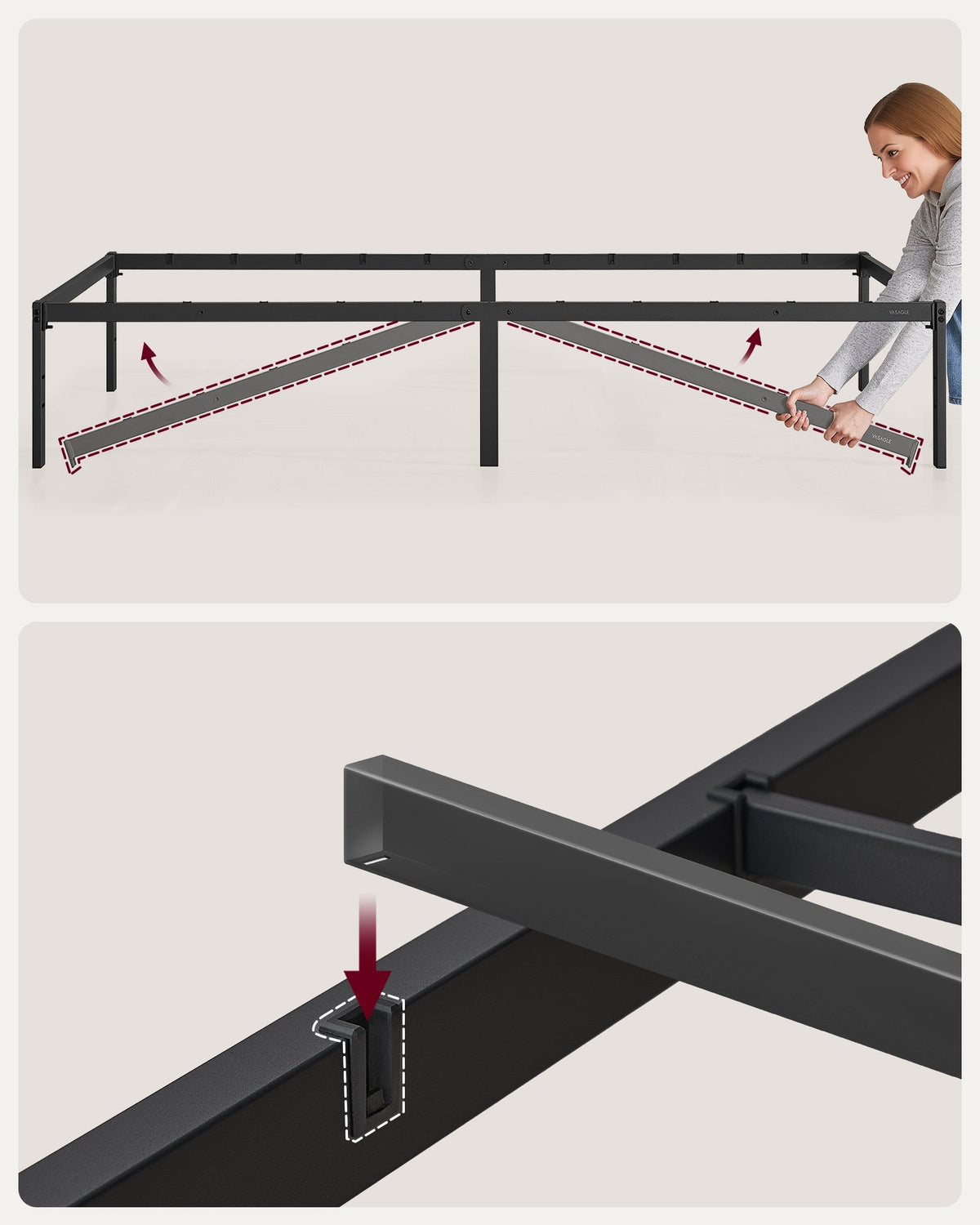 VASAGLE metalni okvir kreveta za jednu osobu s prostorom za pohranu ispod kreveta, 90 x 200 cm, crna