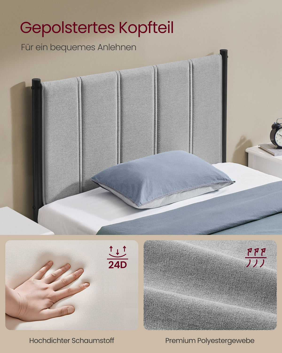 VASAGLE metalni okvir kreveta za jednu osobu s tapeciranim naslonom za glavu, 90 x 200 cm, golubinje siva
