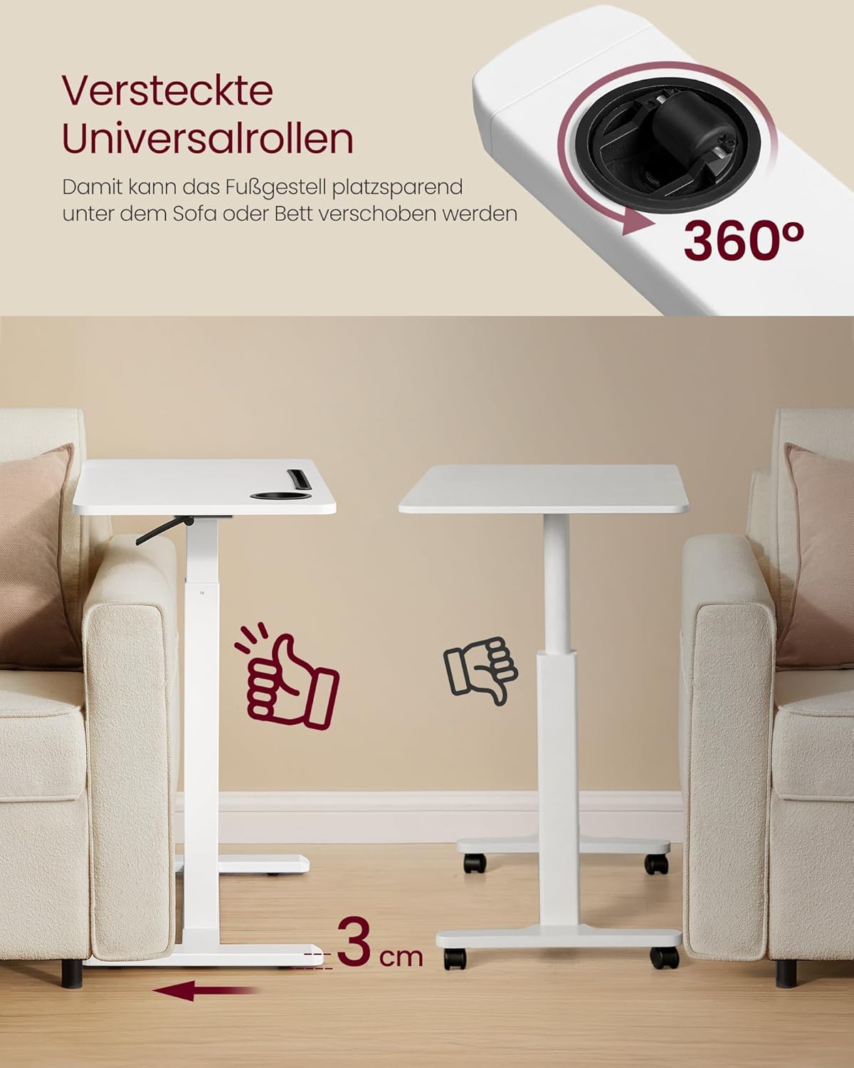 VASAGLE mobilni bočni stolić na kotačima, 80x45 cm, bijeli