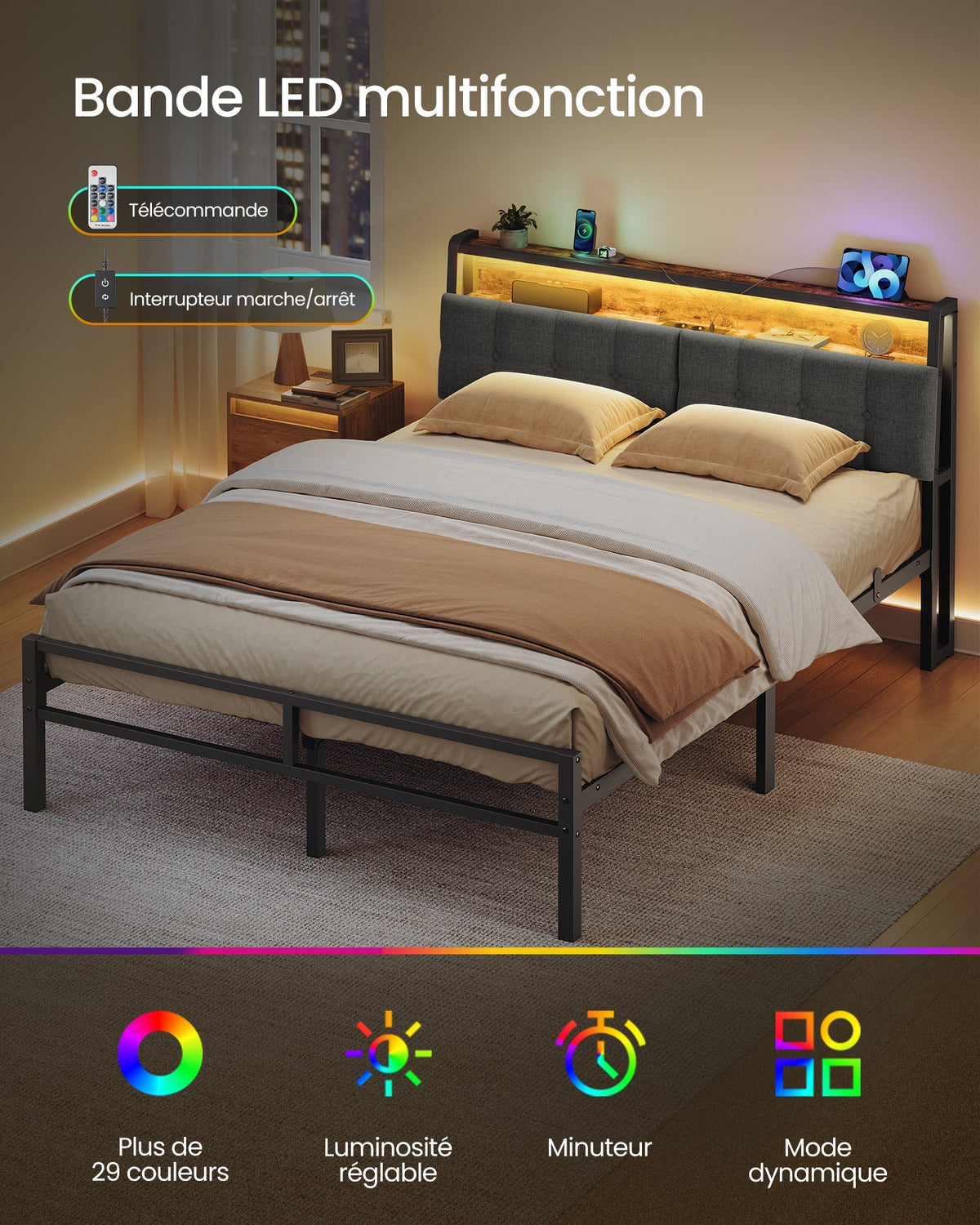 VASAGLE okvir kreveta 140 x 190 cm s 2 ladice, LED rasvjetom, punjačkom stanicom
