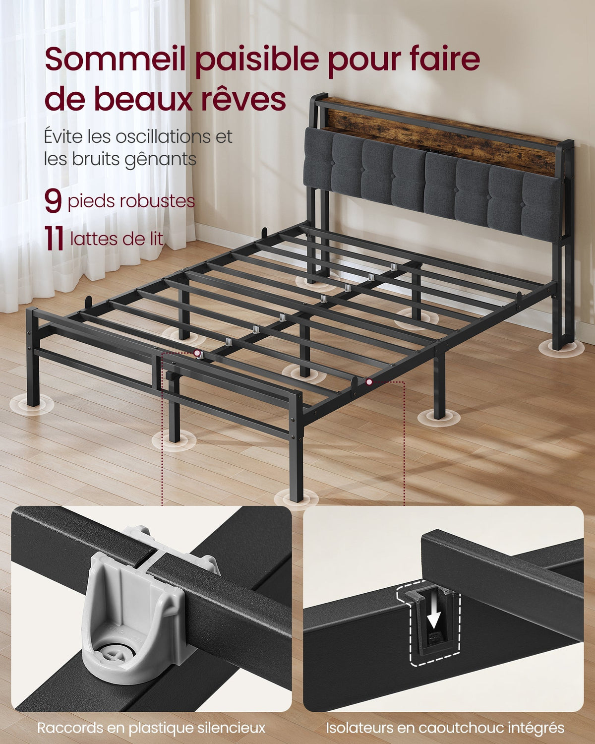 VASAGLE okvir kreveta 140 x 190 cm s 2 ladice, LED rasvjetom, punjačkom stanicom
