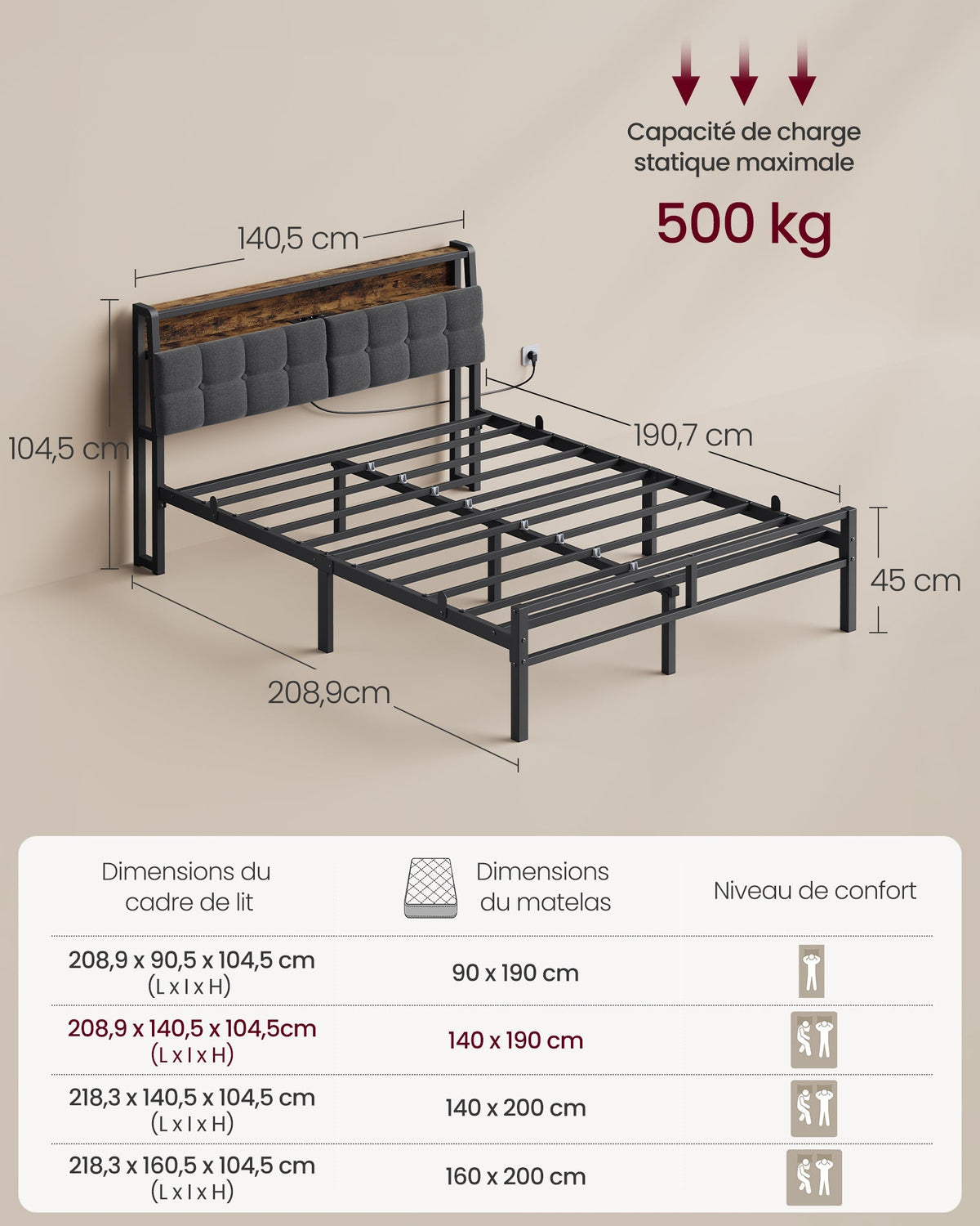 VASAGLE okvir kreveta 140 x 190 cm s 2 ladice, LED rasvjetom, punjačkom stanicom
