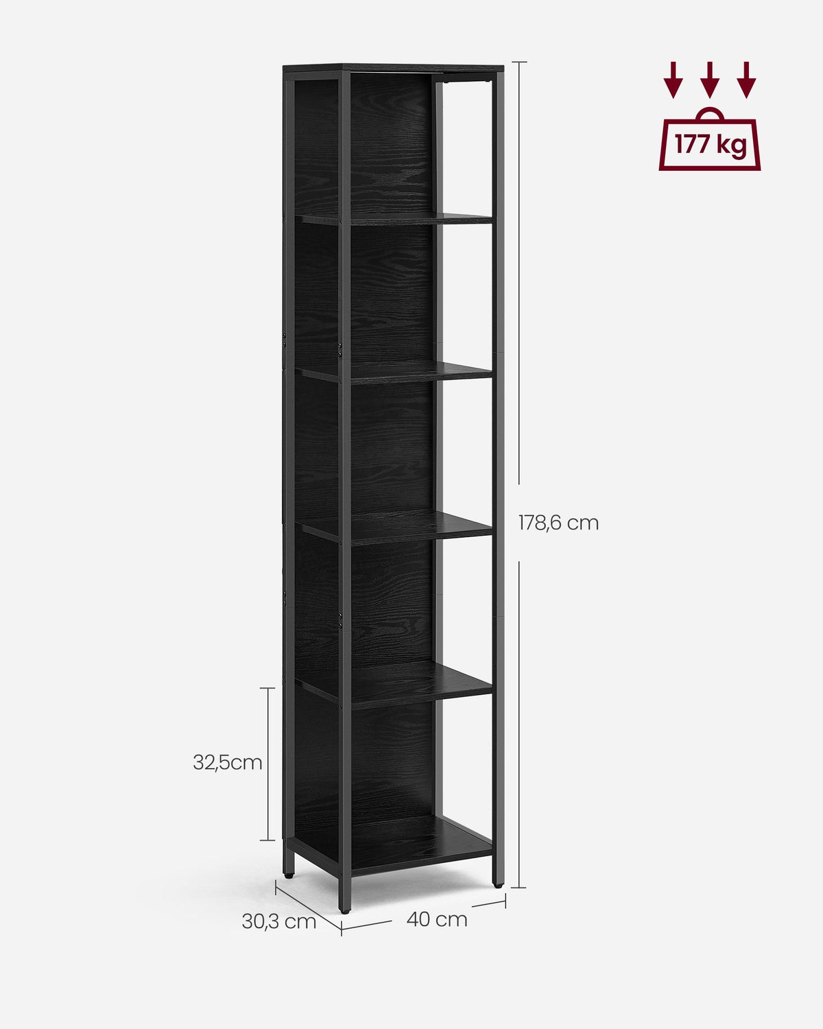 VASAGLE polica za knjige s 6 razina i podesivim LED osvjetljenjem, 178,6 cm, ebanovo crna