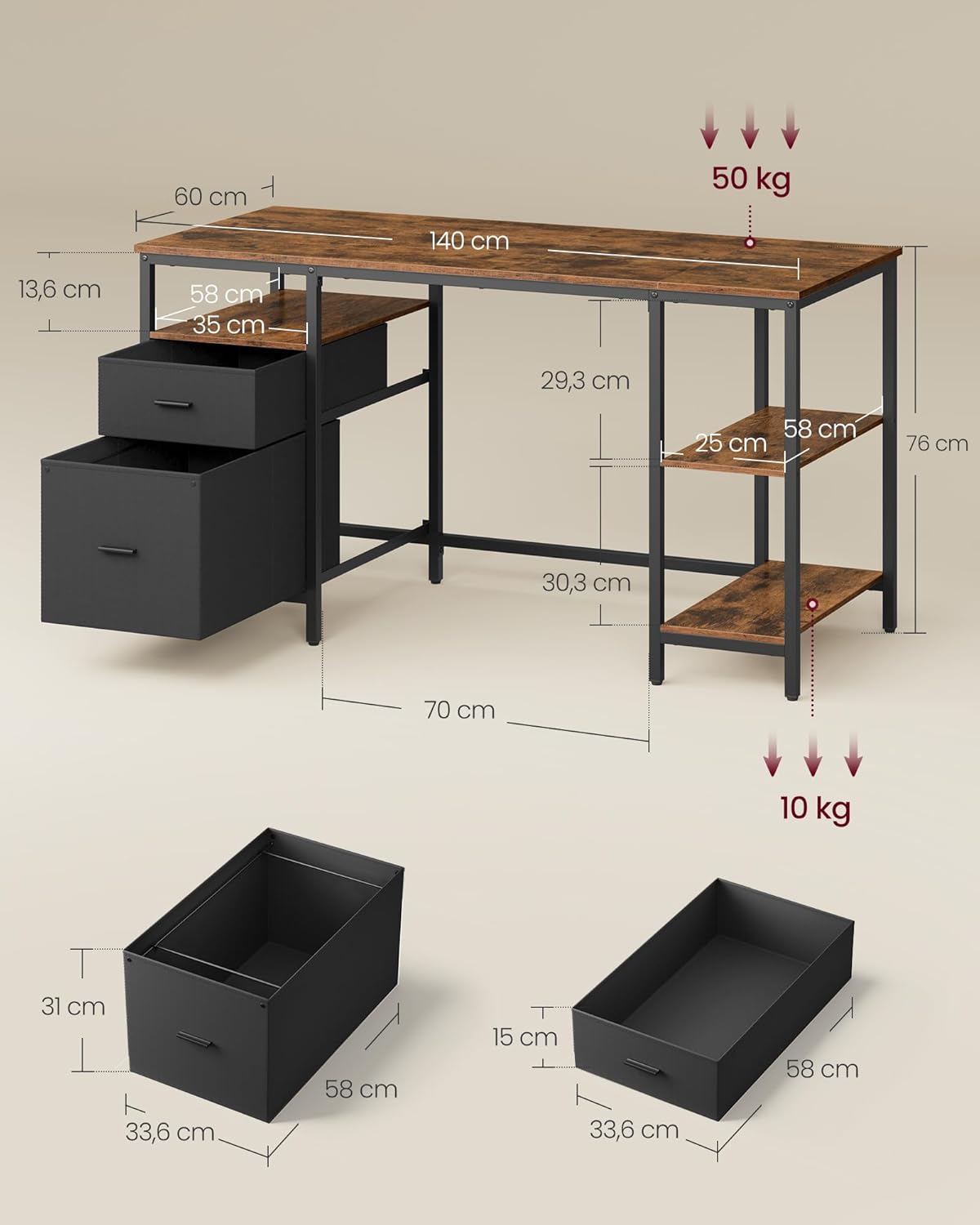 VASAGLE računalni stol, radni stol s 3 police, 60x140 cm, smeđa i crna