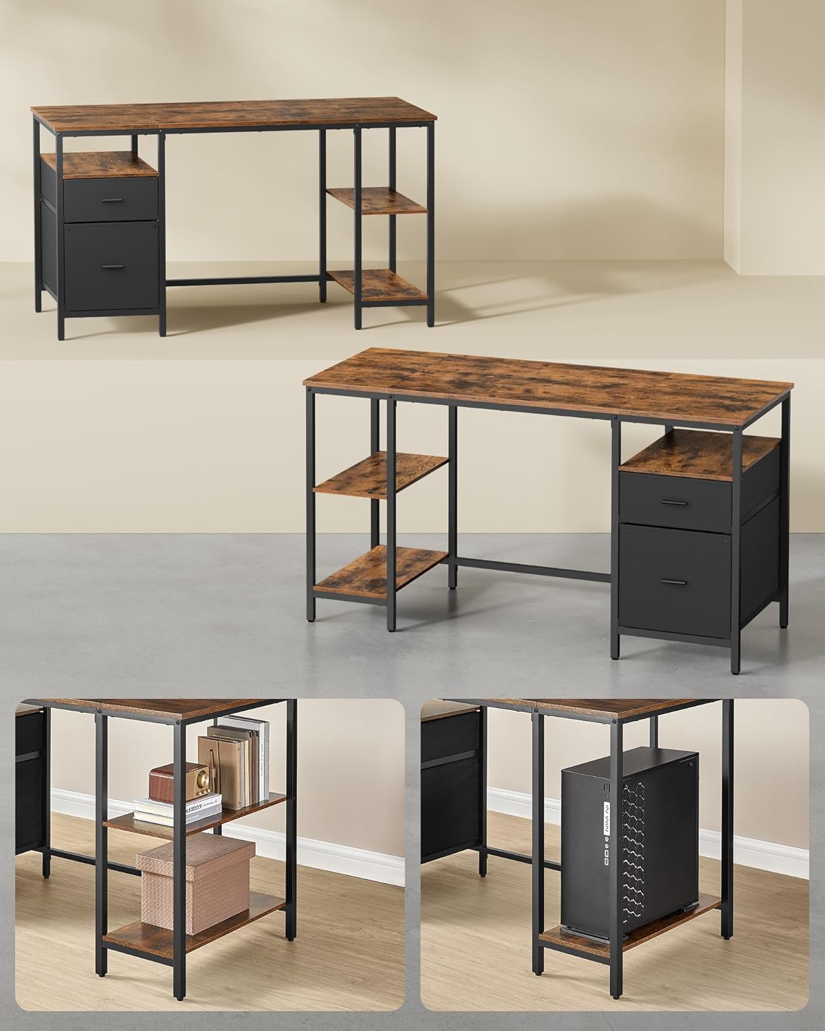 VASAGLE računalni stol, radni stol s 3 police, 60x140 cm, smeđa i crna