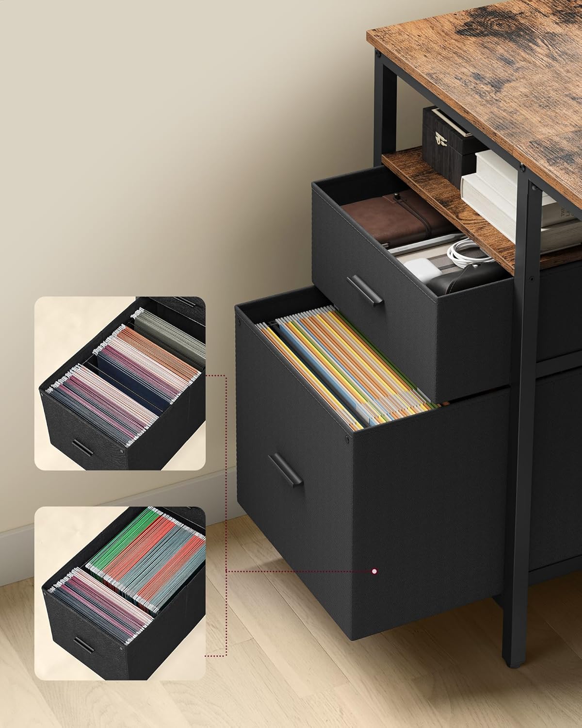 VASAGLE računalni stol, radni stol s 3 police, 60x140 cm, smeđa i crna