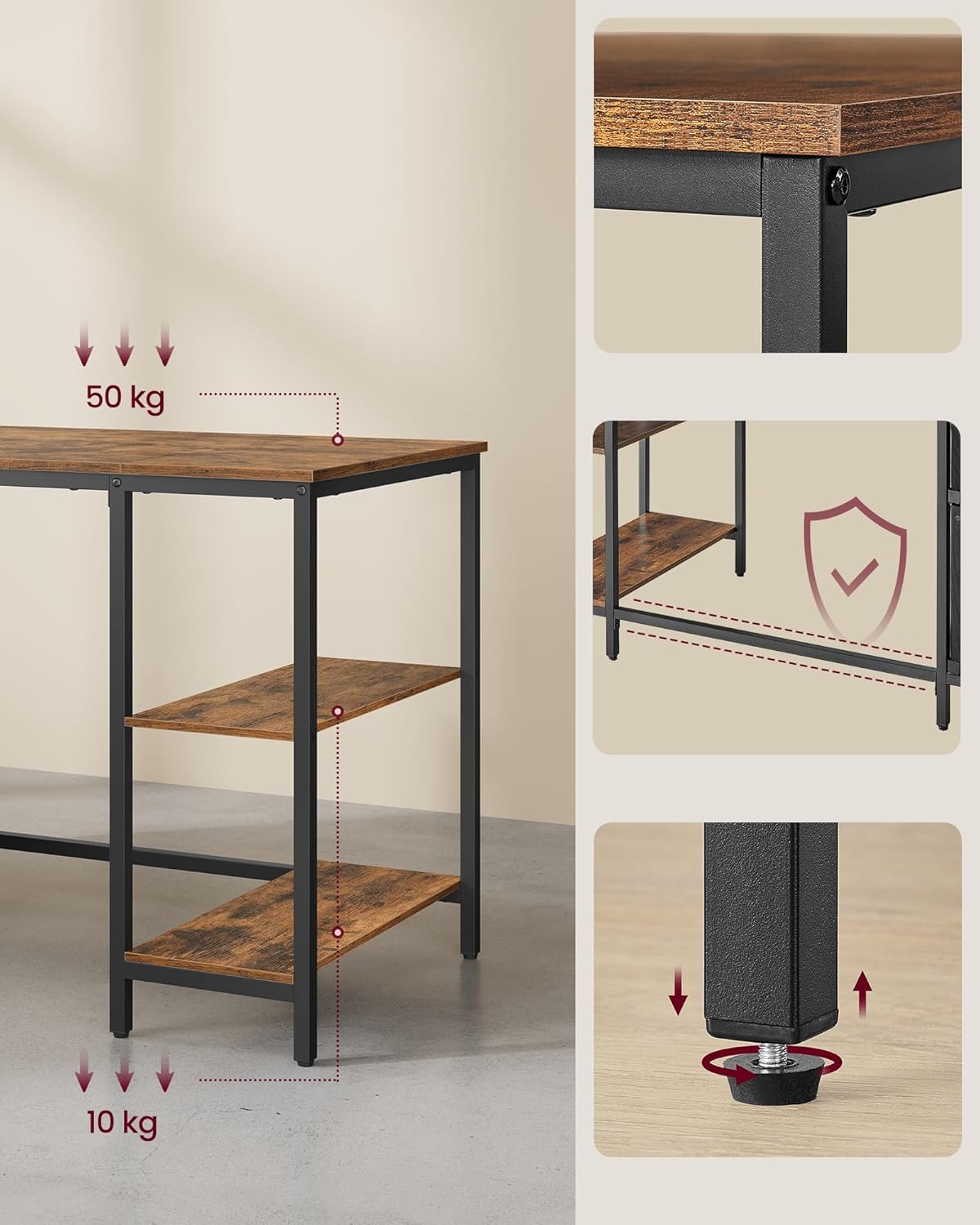 VASAGLE računalni stol, radni stol s 3 police, 60x140 cm, smeđa i crna