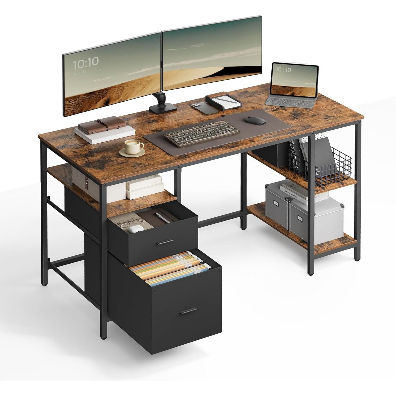 VASAGLE računalni stol, radni stol s 3 police, 60x140 cm, smeđa i crna