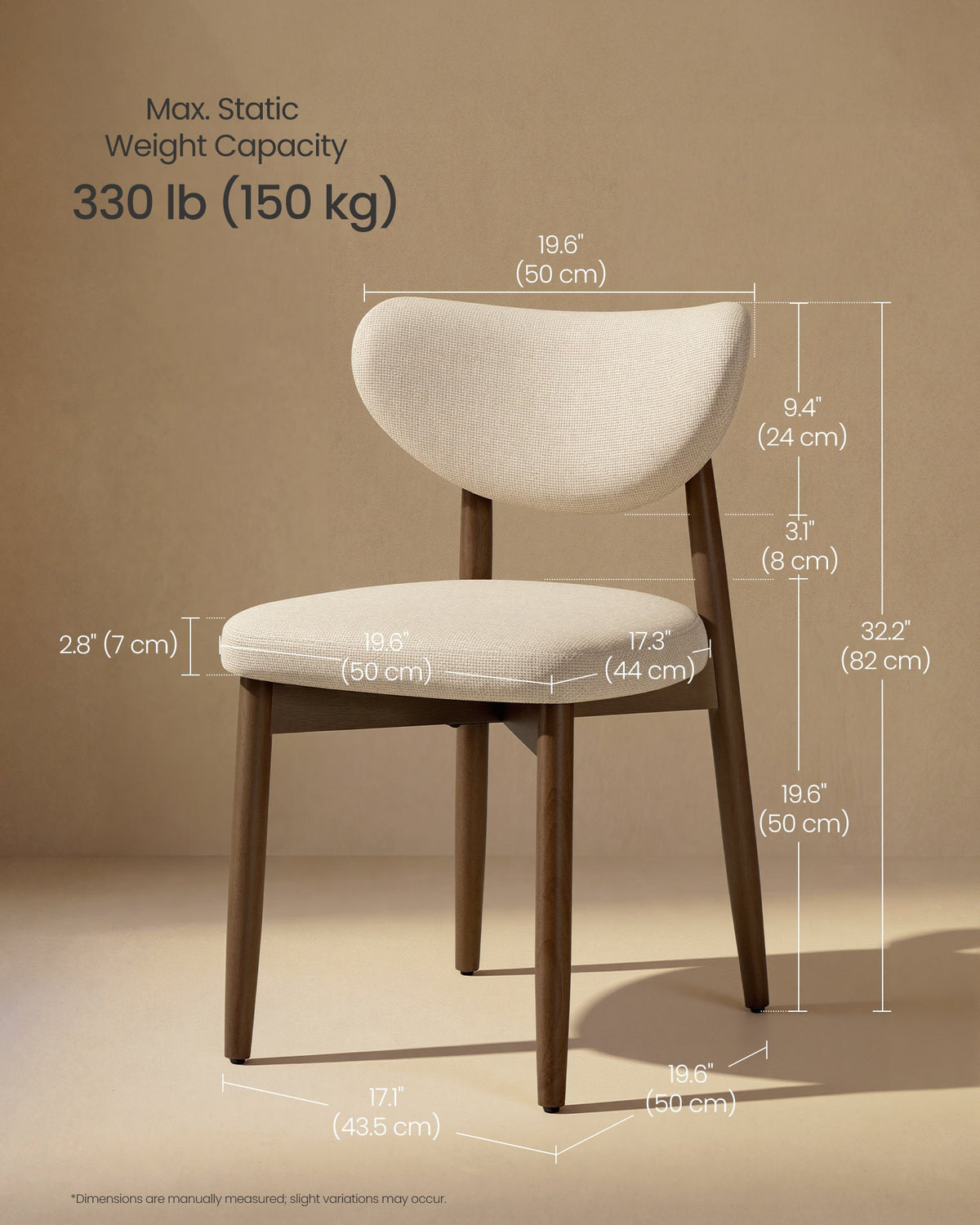 VASAGLE set od 2 tapecirane blagovaonske stolice s nogama od masivnog drva, 50 x 51 x 82 cm, svijetlo bež