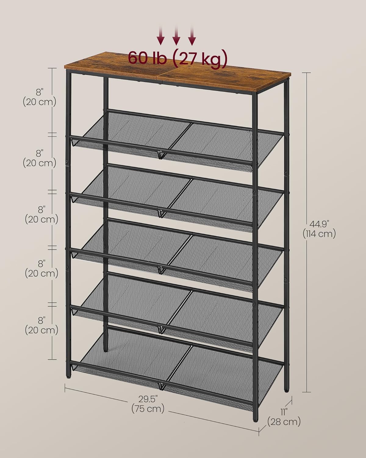 VASAGLE stalak za cipele, 6 nivoa, 28x75x114 cm, smeđa-crna