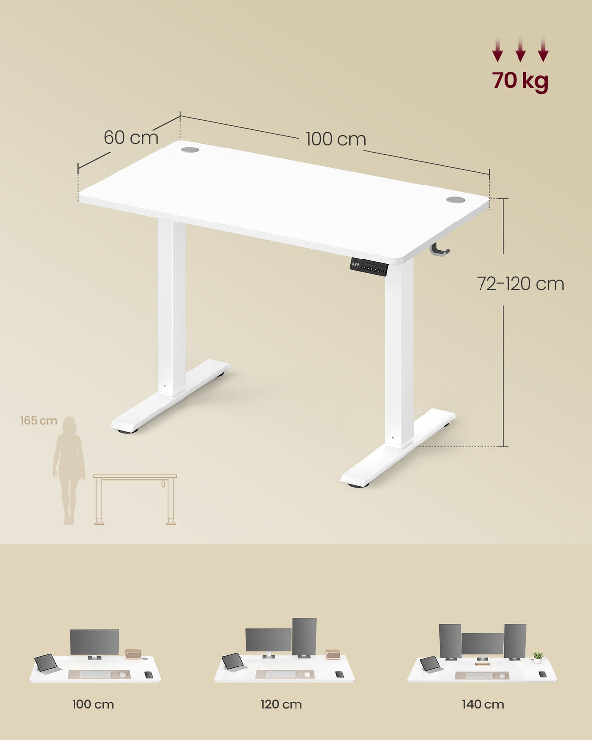 VASAGLE stol za stajanje podesive visine s funkcijom memorije, 100 x 60 cm, bijela