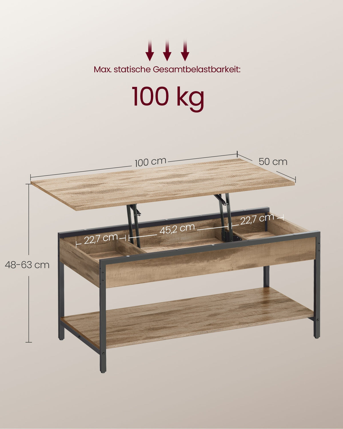 VASAGLE stolić za kavu s podesivom visinom i skrivenim pretincima, 50 x 100 cm, kamel siva i crna kao tinta