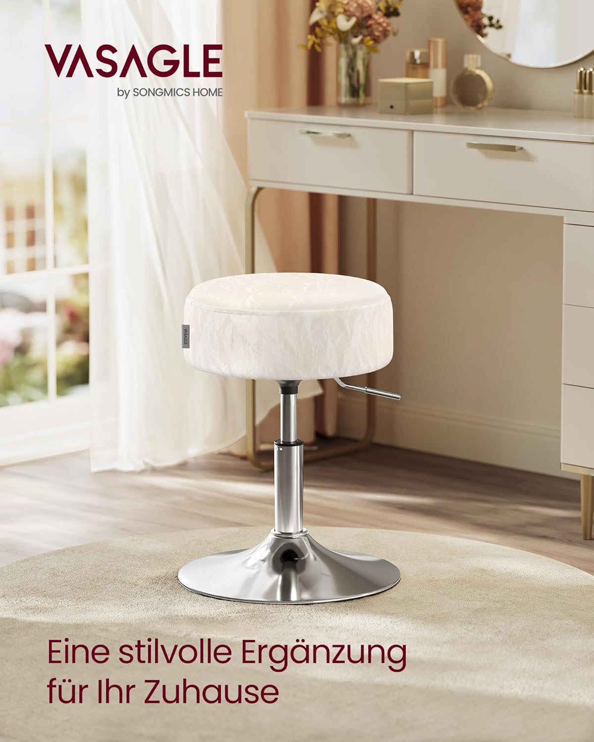 VASAGLE stolica za šminkanje, barska stolica, podesiva visina, okretna za 360°, krem-bijela