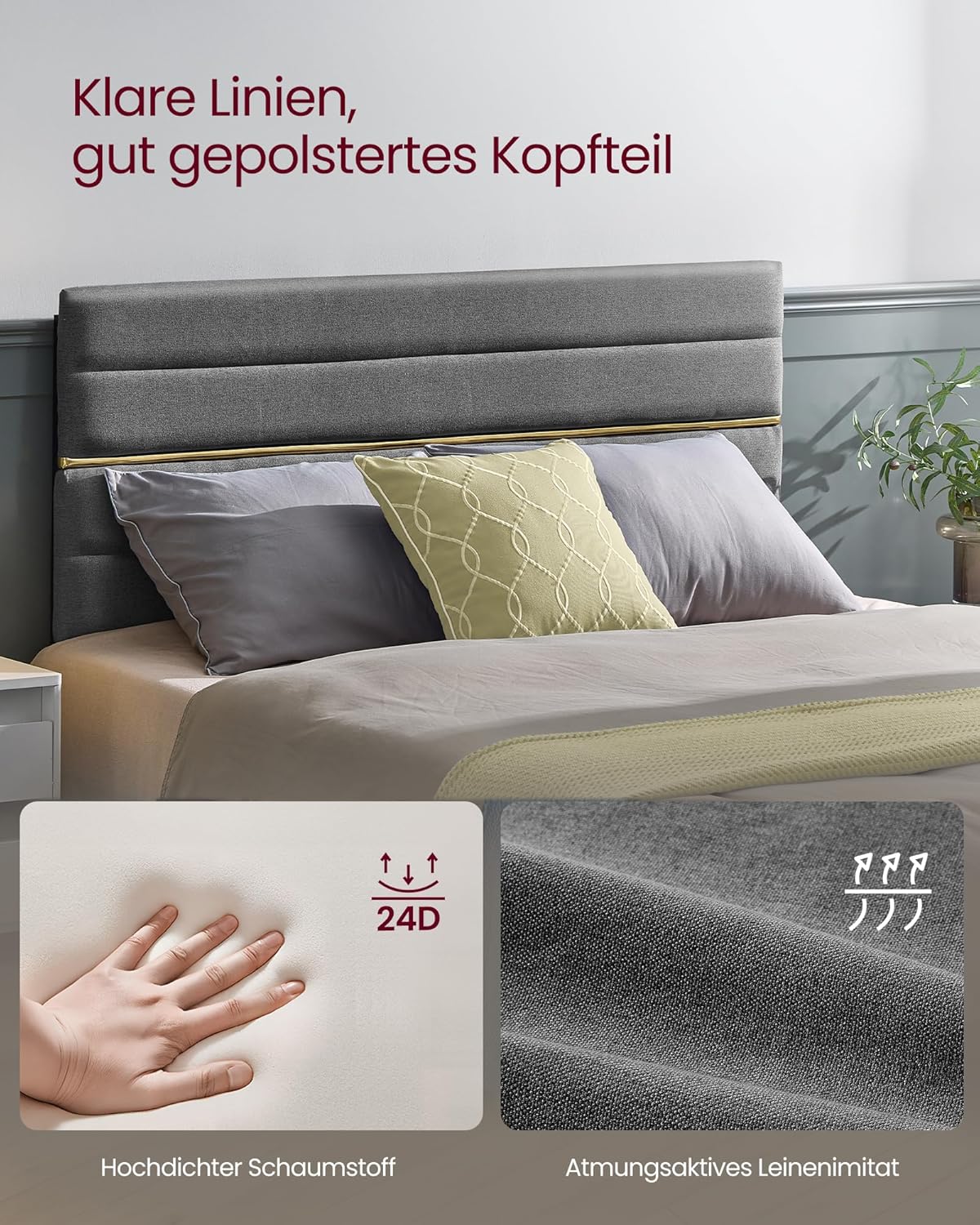 VASAGLE tapecirani okvir kreveta, za madrac 140 x 200 cm, sivi