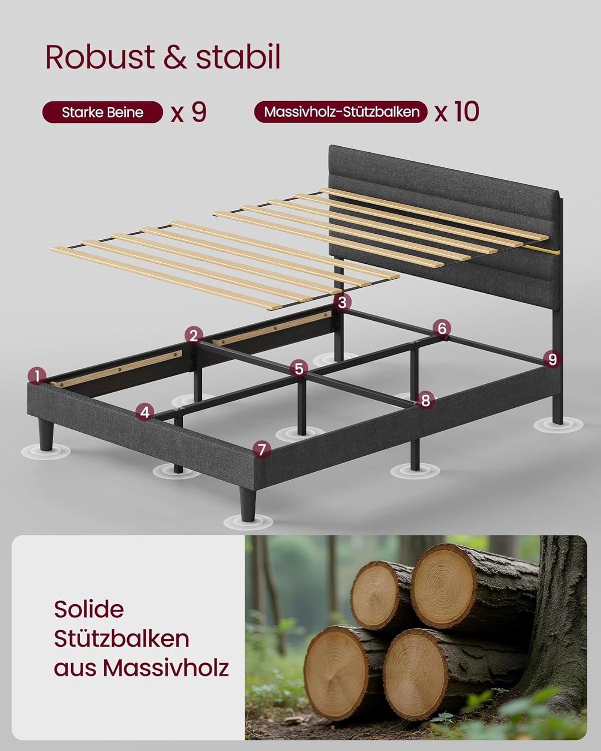 VASAGLE tapecirani okvir kreveta, za madrac 140 x 200 cm, sivi