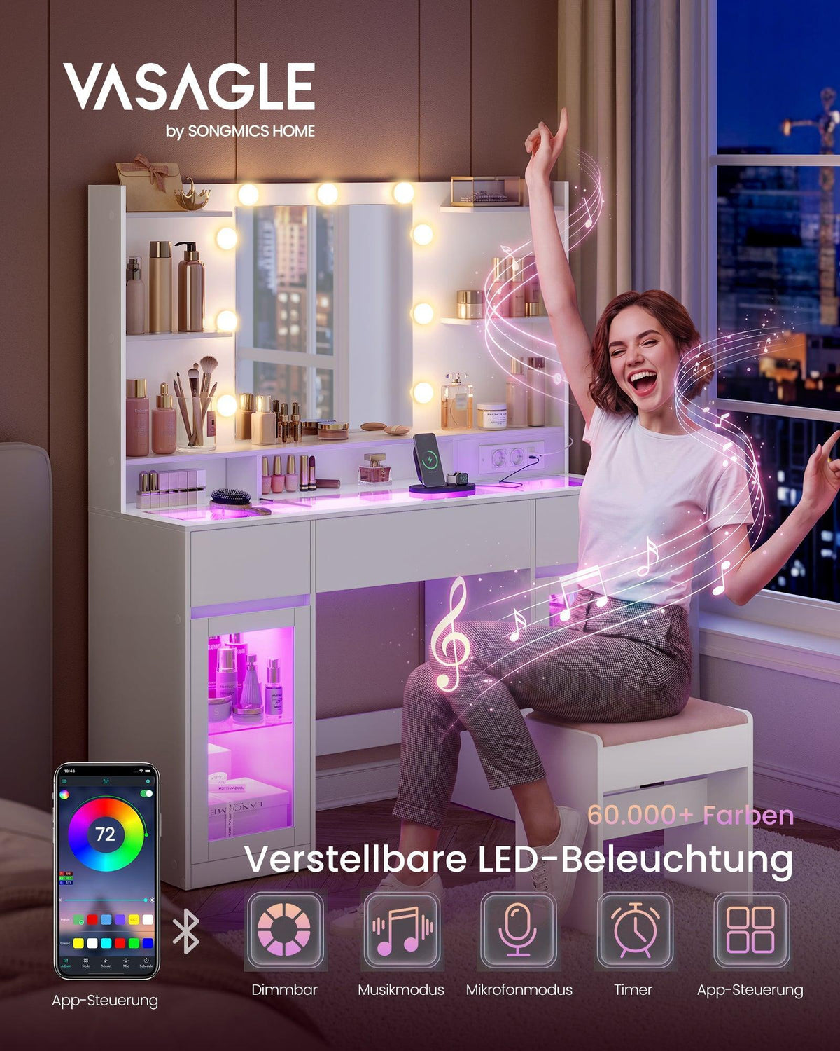 VASAGLE toaletni stolić s LED rasvjetom, RGB osvjetljenjem i utičnicom, 107 cm, bijela