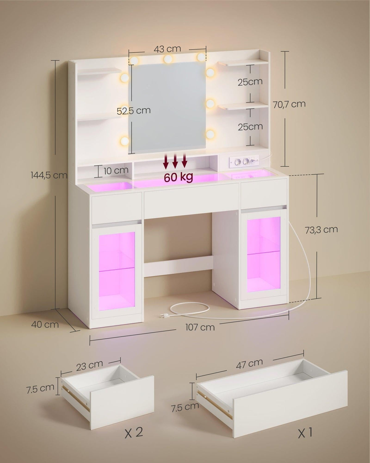VASAGLE toaletni stolić s LED rasvjetom, RGB osvjetljenjem i utičnicom, 107 cm, bijela