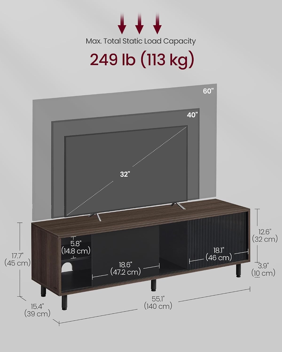 VASAGLE TV stalak s montažom bez alata (za TV do 60"), 140 x 39 x 45 cm, boja pepela