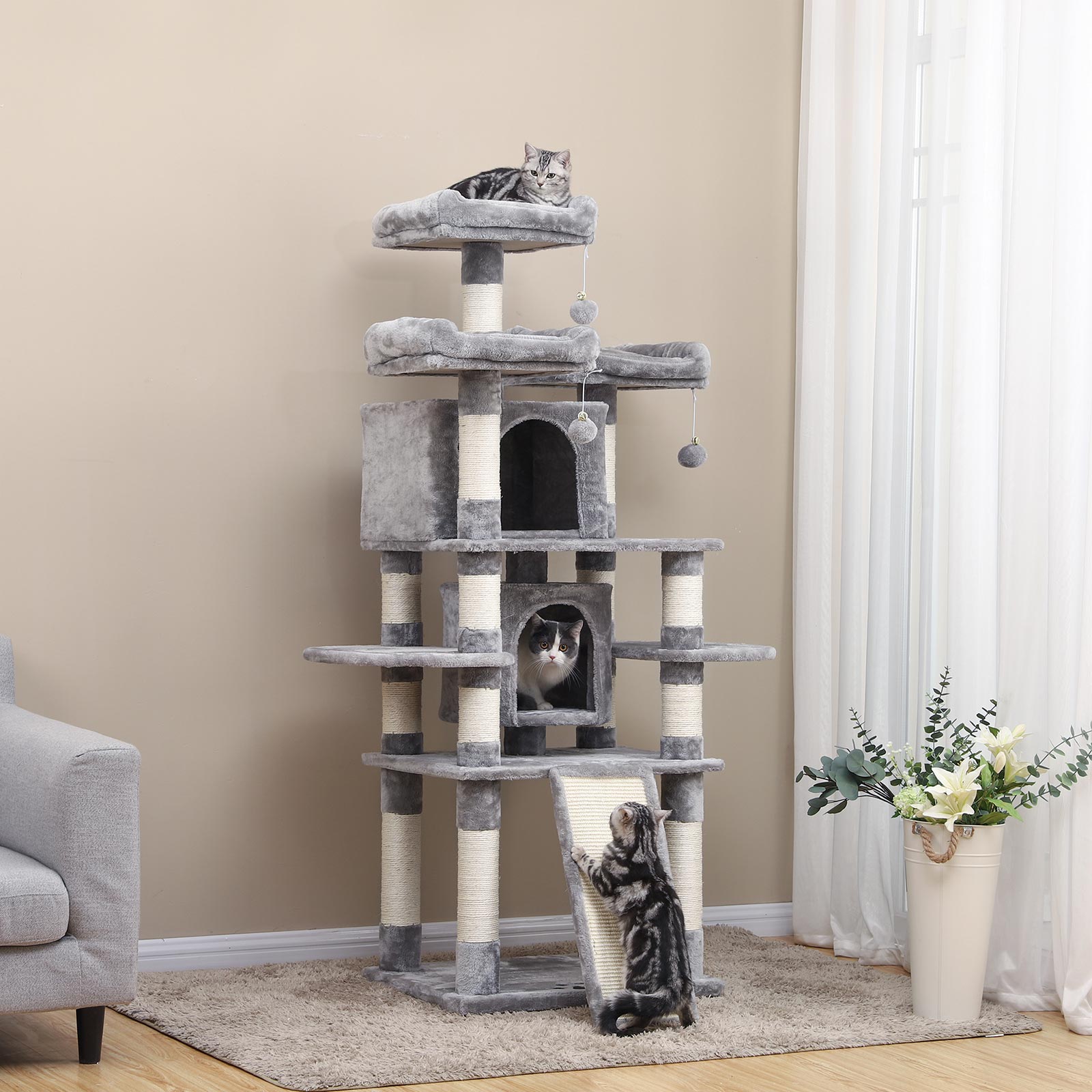 Velika grebalica za mace visine 172 cm, s 2 kućice, svijetlo sive i bež boje | FEANDREA | FEANDREA-vitahome.hr