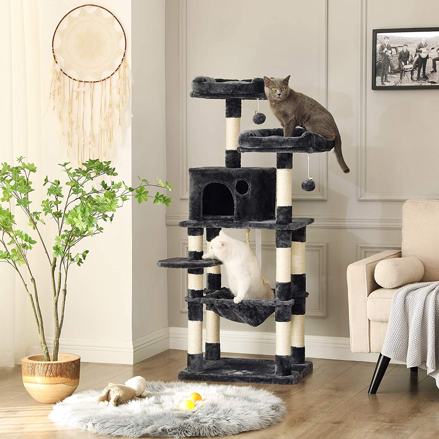 Velika grebalica za mačke s kućicom i 3 krevetića, visine 143 cm, tamno siva | FEANDREA | FEANDREA-vitahome.hr