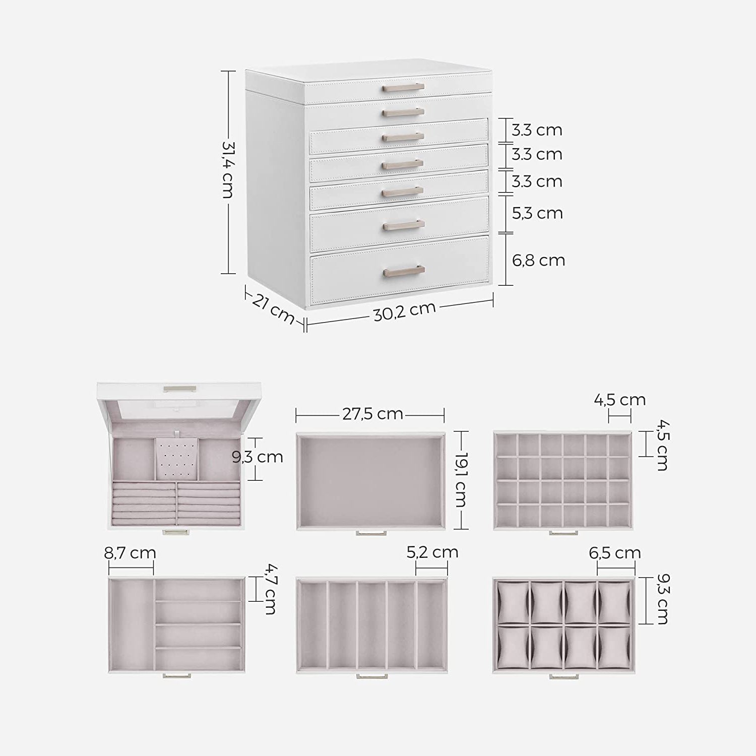 Velika kutija za nakit, organizator za nakit na 6 razina i 5 ladica, bijela | SONGMICS-vitahome.hr