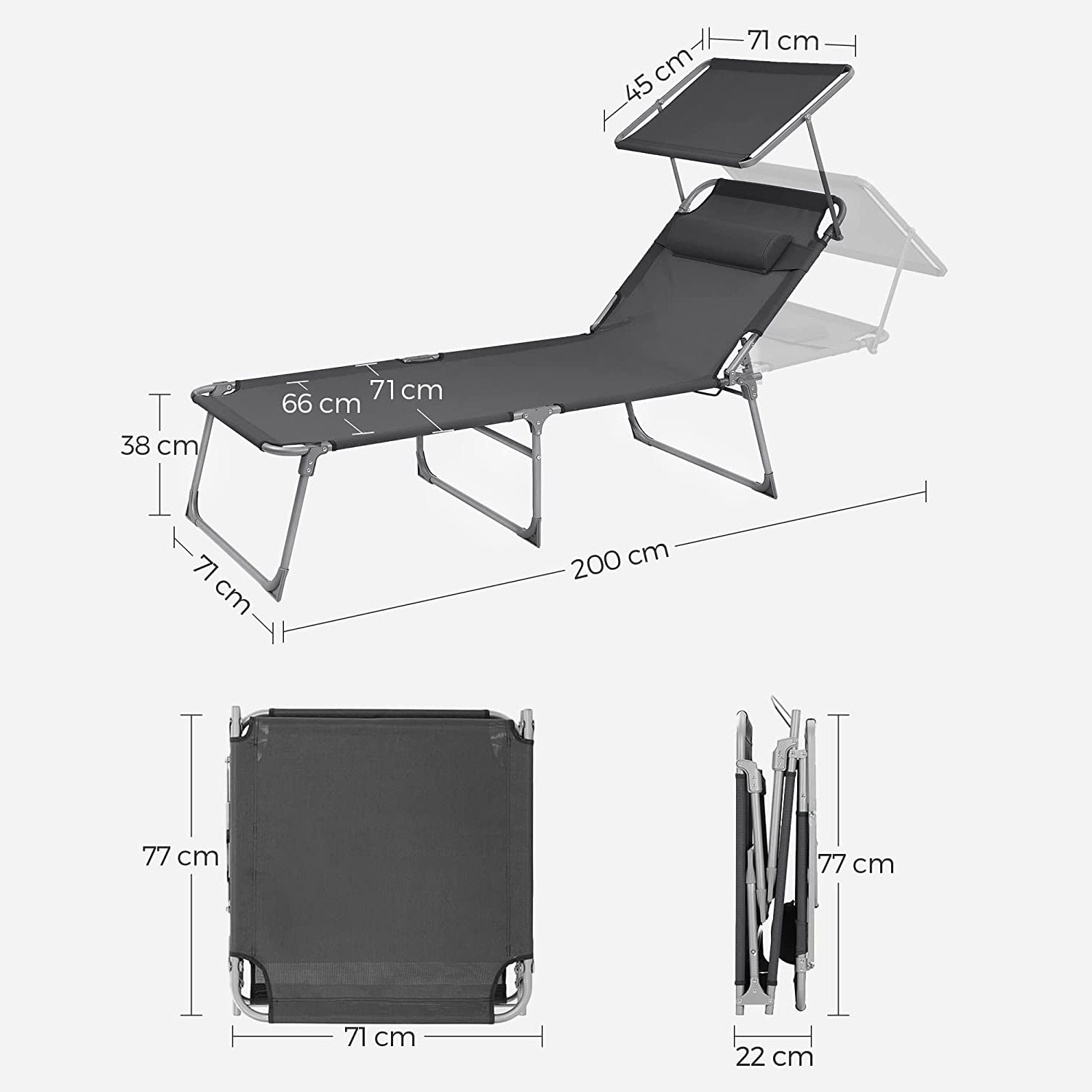 Velika sklopiva ležaljka s tendom 71 x 200 x 38 cm, nosivosti do 150 kg | SONGMICS-vitahome.hr