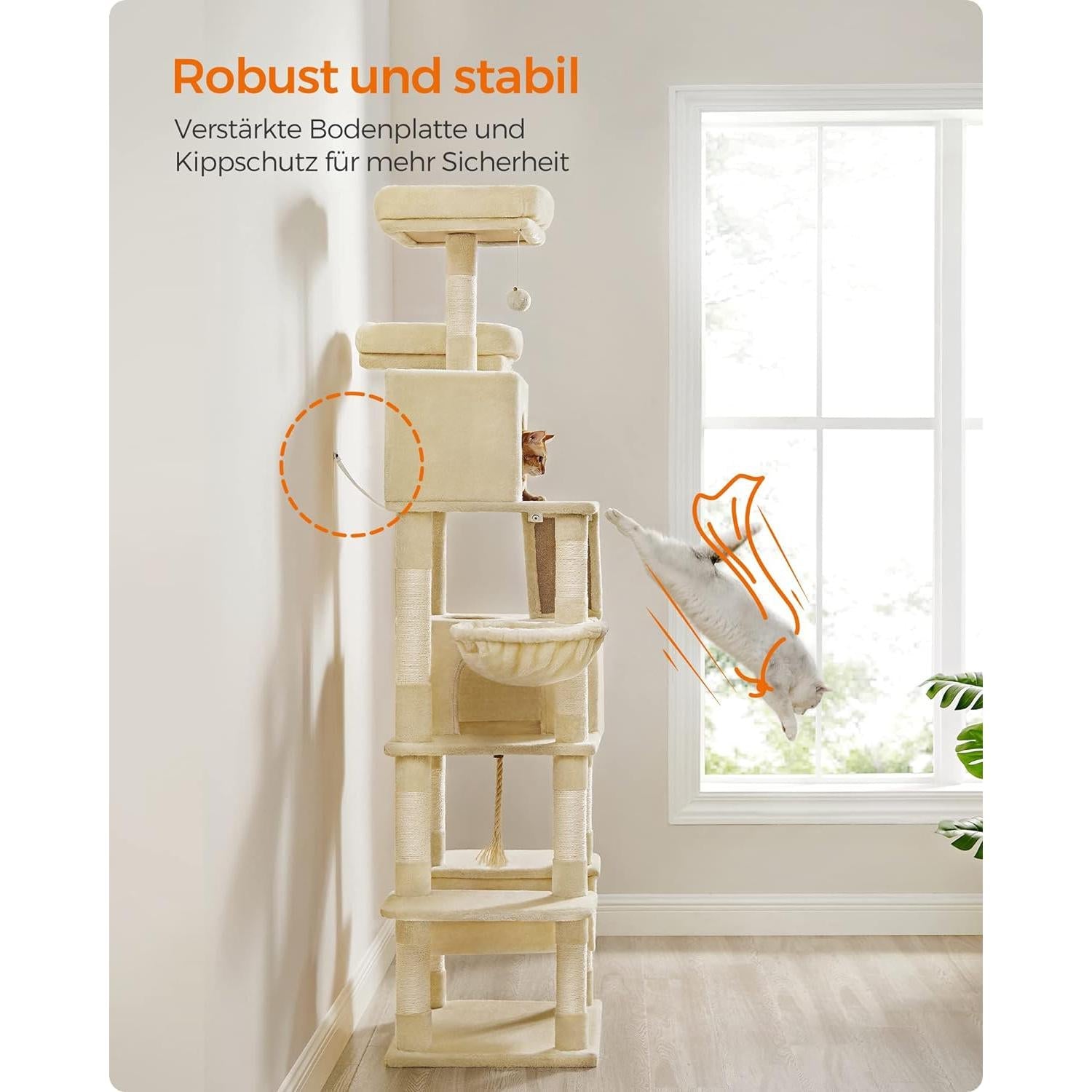 Veliki mačji toranj s kućicama, ležaljkama, grebalicama, visine 206 cm, bež | FEANDREA | FEANDREA-vitahome.hr