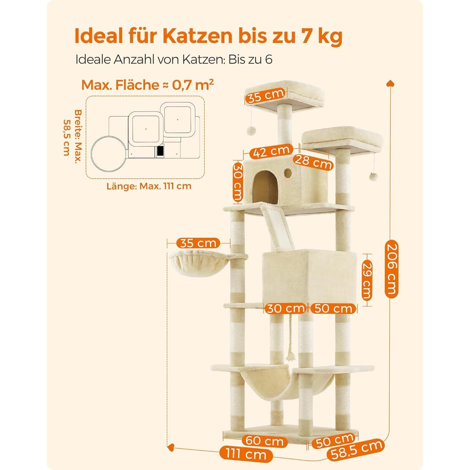 Veliki mačji toranj s kućicama, ležaljkama, grebalicama, visine 206 cm, bež | FEANDREA | FEANDREA-vitahome.hr