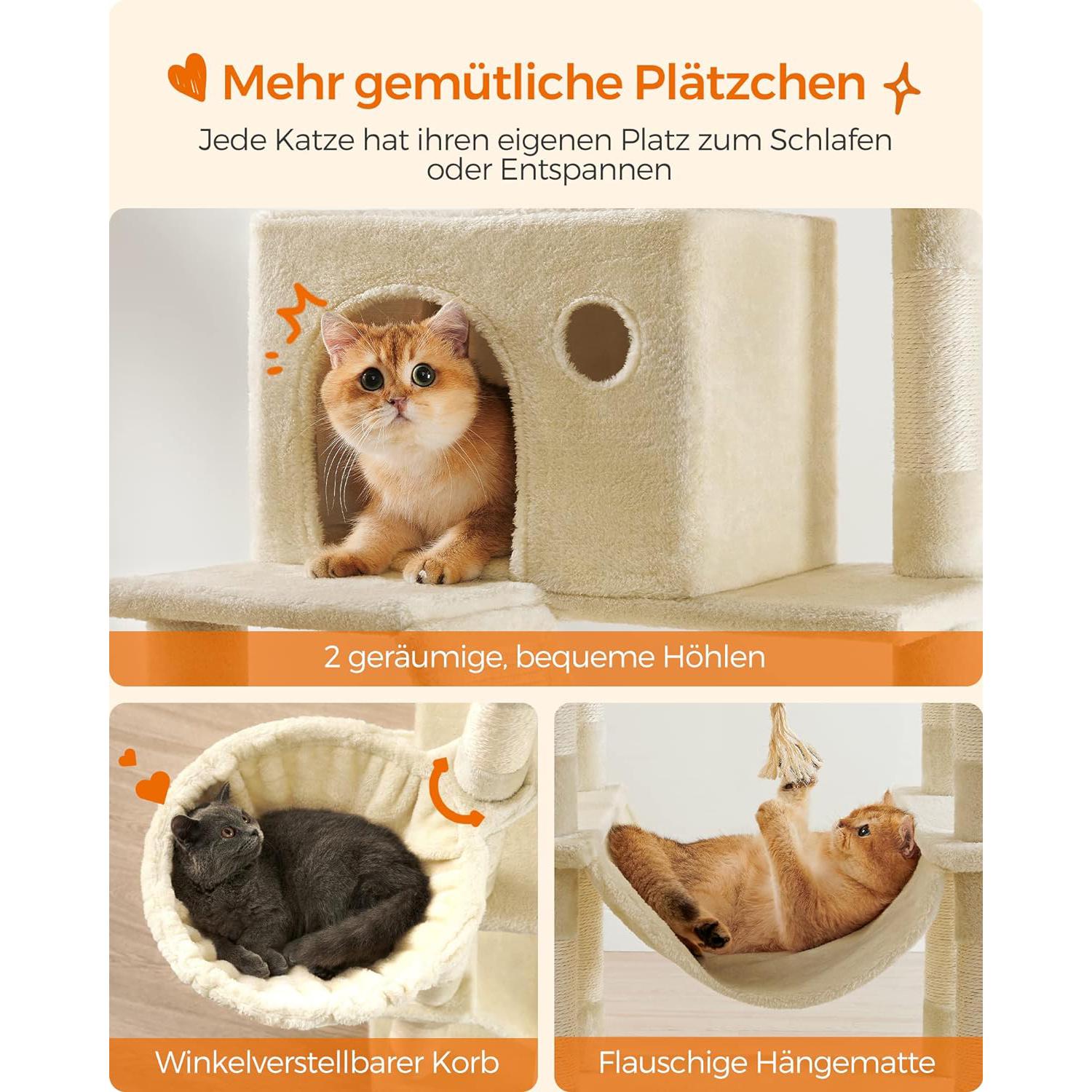 Veliki mačji toranj s kućicama, ležaljkama, grebalicama, visine 206 cm, bež | FEANDREA-FEANDREA-Vita Home