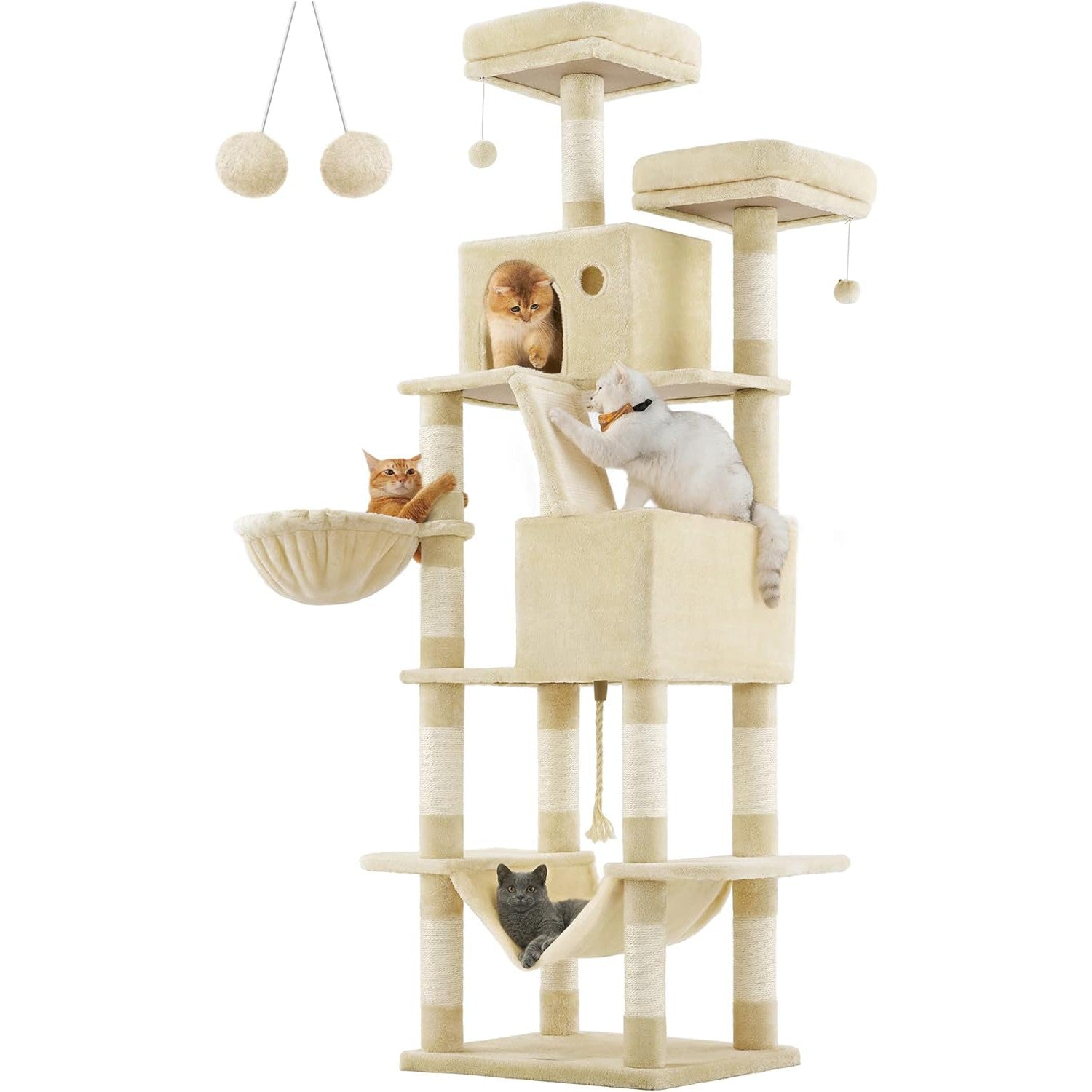 Veliki mačji toranj s kućicama, ležaljkama, grebalicama, visine 206 cm, bež | FEANDREA-FEANDREA-Vita Home