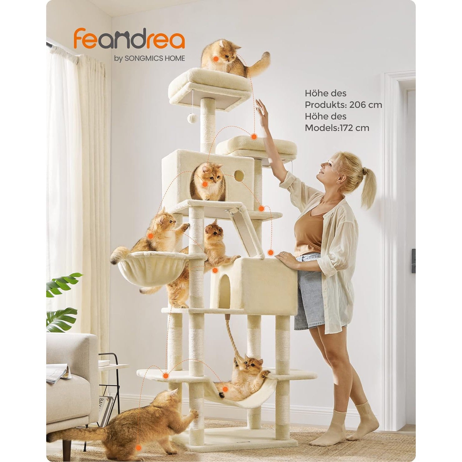 Veliki mačji toranj s kućicama, ležaljkama, grebalicama, visine 206 cm, bež | FEANDREA | FEANDREA-vitahome.hr