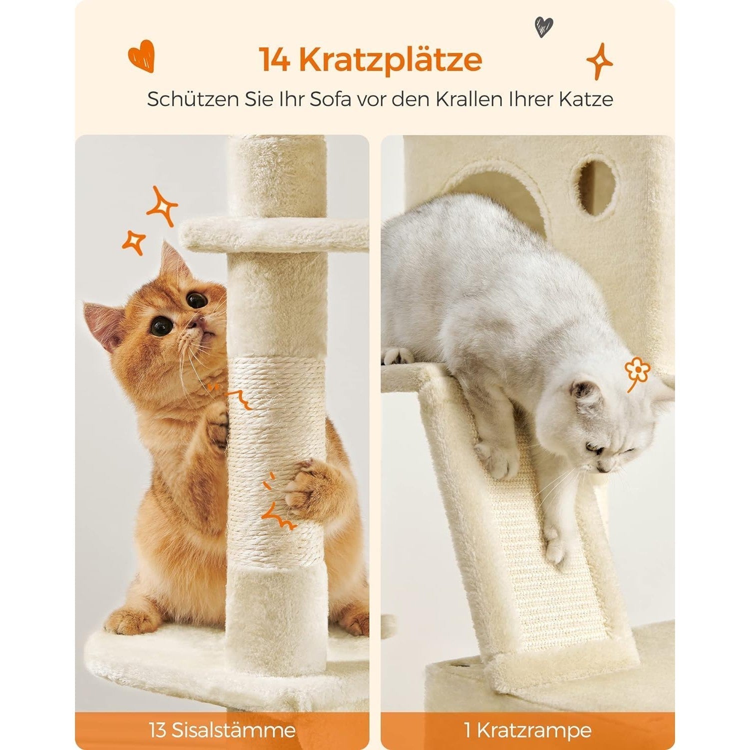Veliki mačji toranj s kućicama, ležaljkama, grebalicama, visine 206 cm, bež | FEANDREA | FEANDREA-vitahome.hr