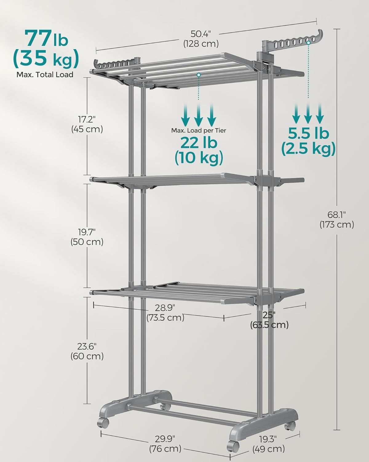 Veliki, preklopni stalak za sušenje odjeće s 4 etaže, 64 x 126 x 172 cm, sivi | SONGMICS-SONGMICS-Vita Home