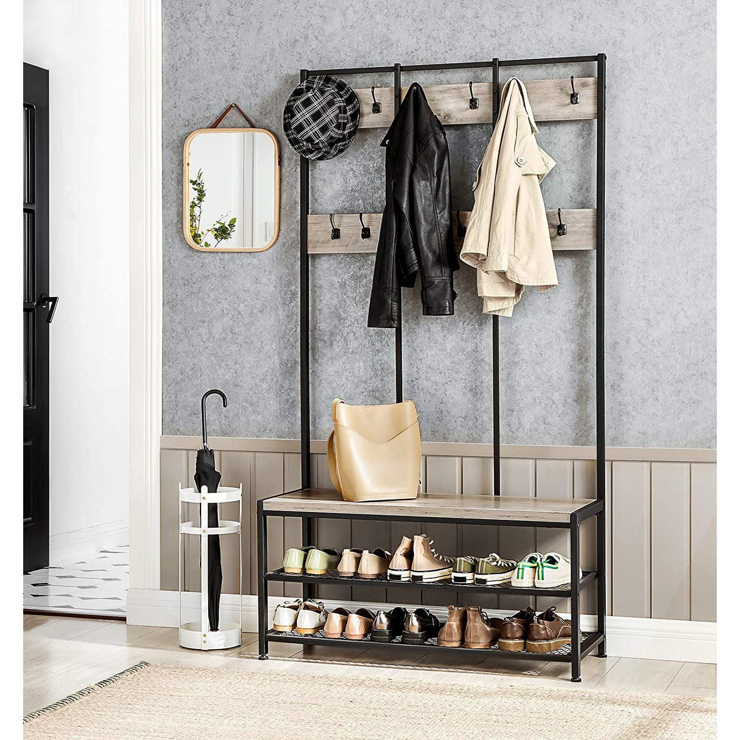Veliki stalak za kapute i cipele, 100 x 40 x 184 cm, smeđe-sivi i crni | VASAGLE-vitahome.hr