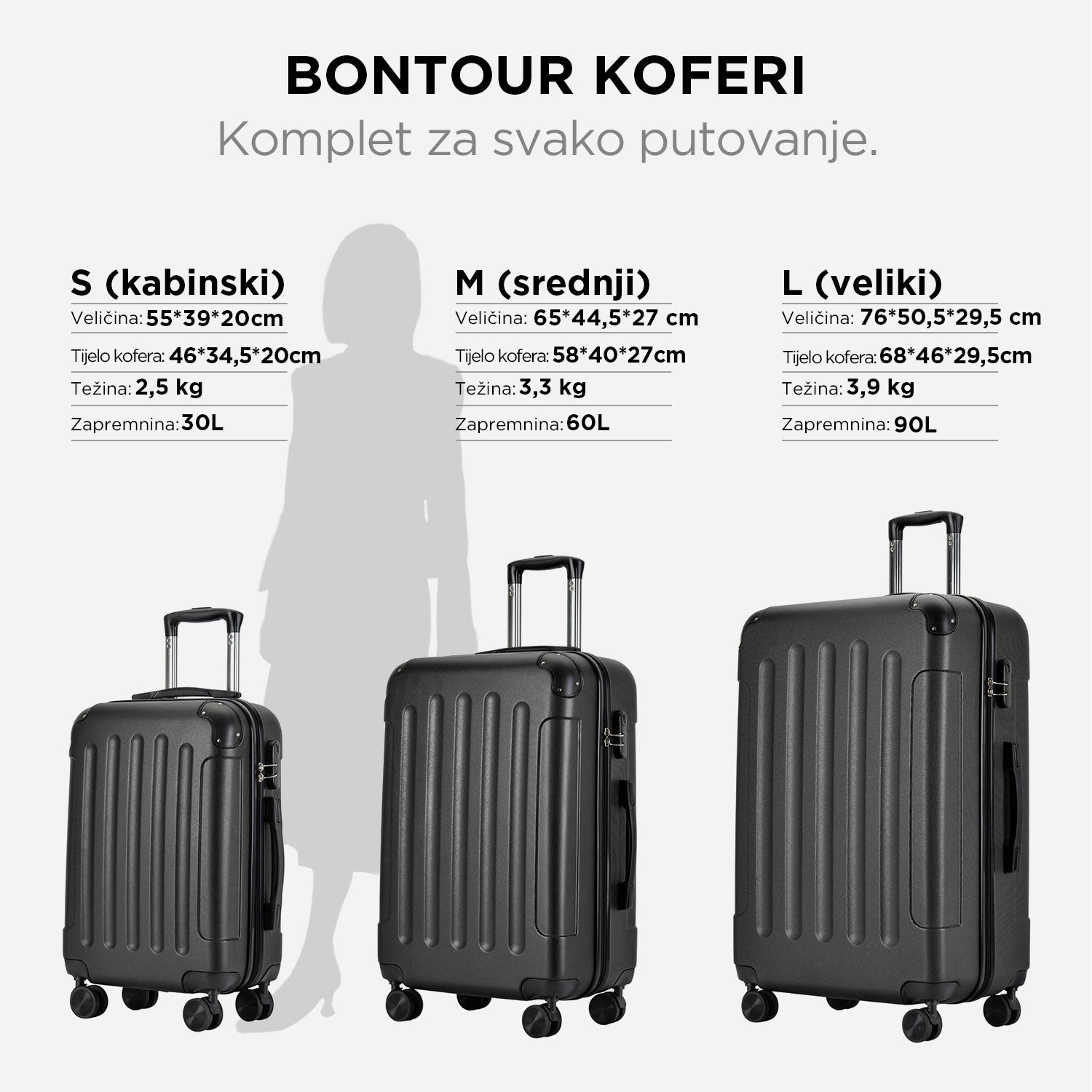 VERTICAL kabinski kofer na 4 kotača s bravom, 55x39x20cm, crni | BONTOUR-vitahome.hr