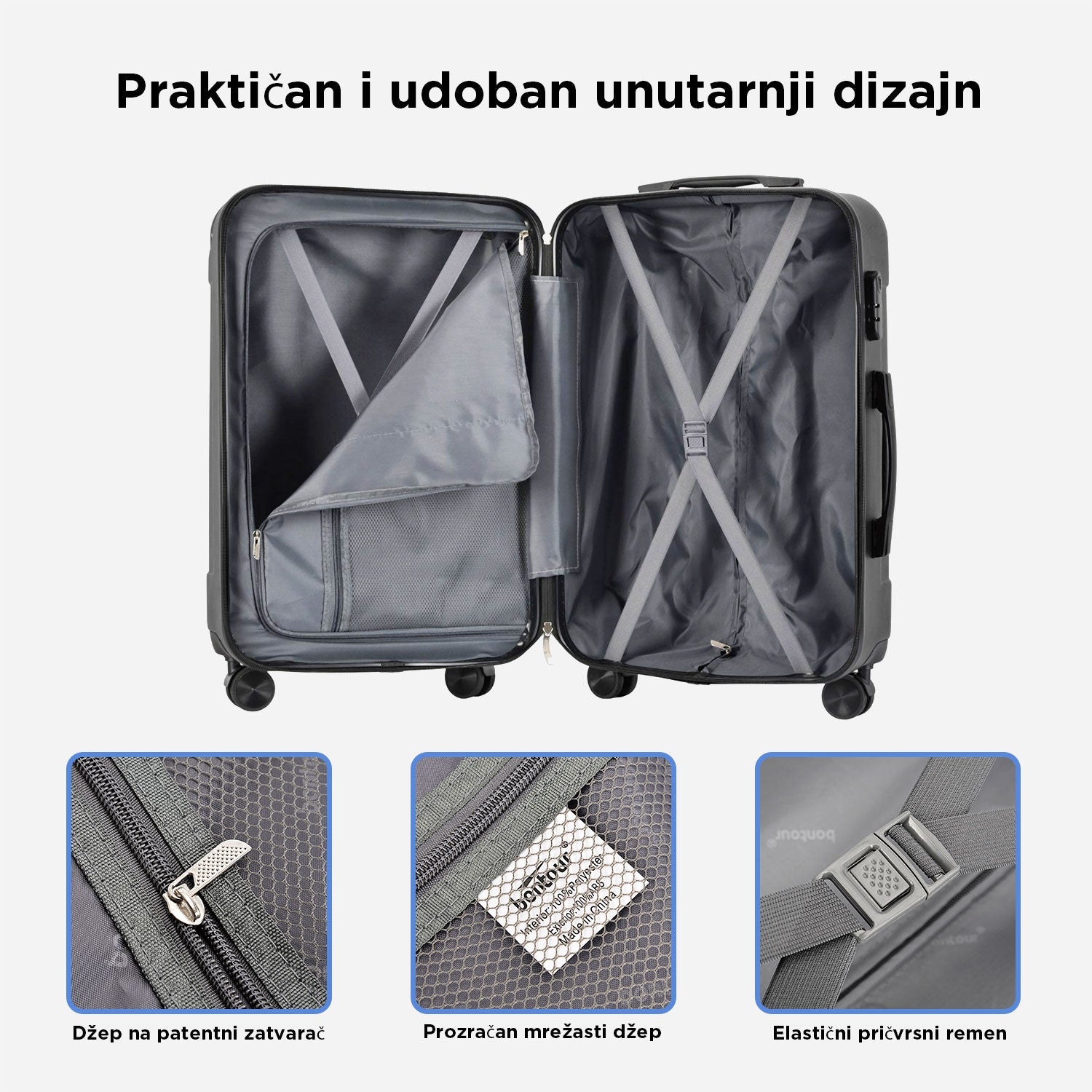 VERTICAL kabinski kofer na 4 kotača s bravom, 55x39x20cm, crni | BONTOUR-vitahome.hr