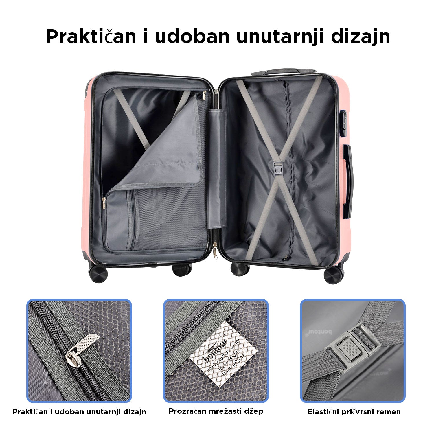 VERTICAL set od 3 kofera na 4 kotača s bravom, ružičasto zlato | BONTOUR-vitahome.hr