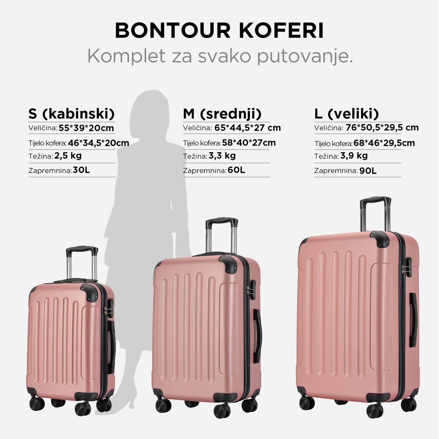 VERTICAL set od 3 kofera na 4 kotača s bravom, ružičasto zlato | BONTOUR-vitahome.hr