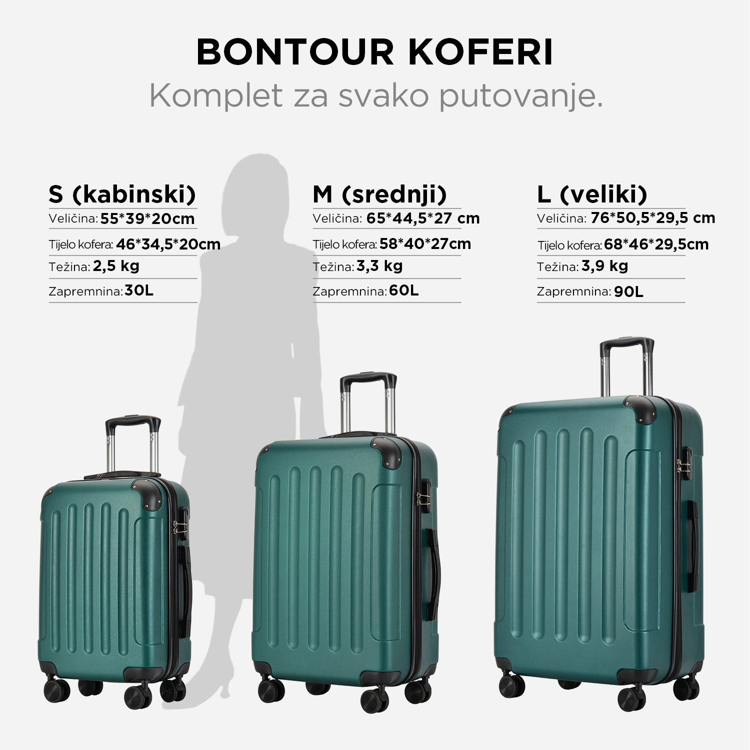 VERTICAL veliki kofer na 4 kotača s bravom, 76 x 50.5 x 29.5 cm, zeleni | BONTOUR-vitahome.hr