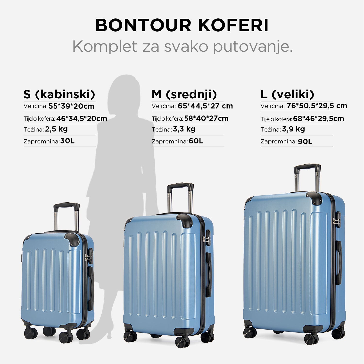 VERTICAL kabinski kofer na 4 kotača s bravom, 55x39x20cm, ledeno plava | BONTOUR-vitahome.hr