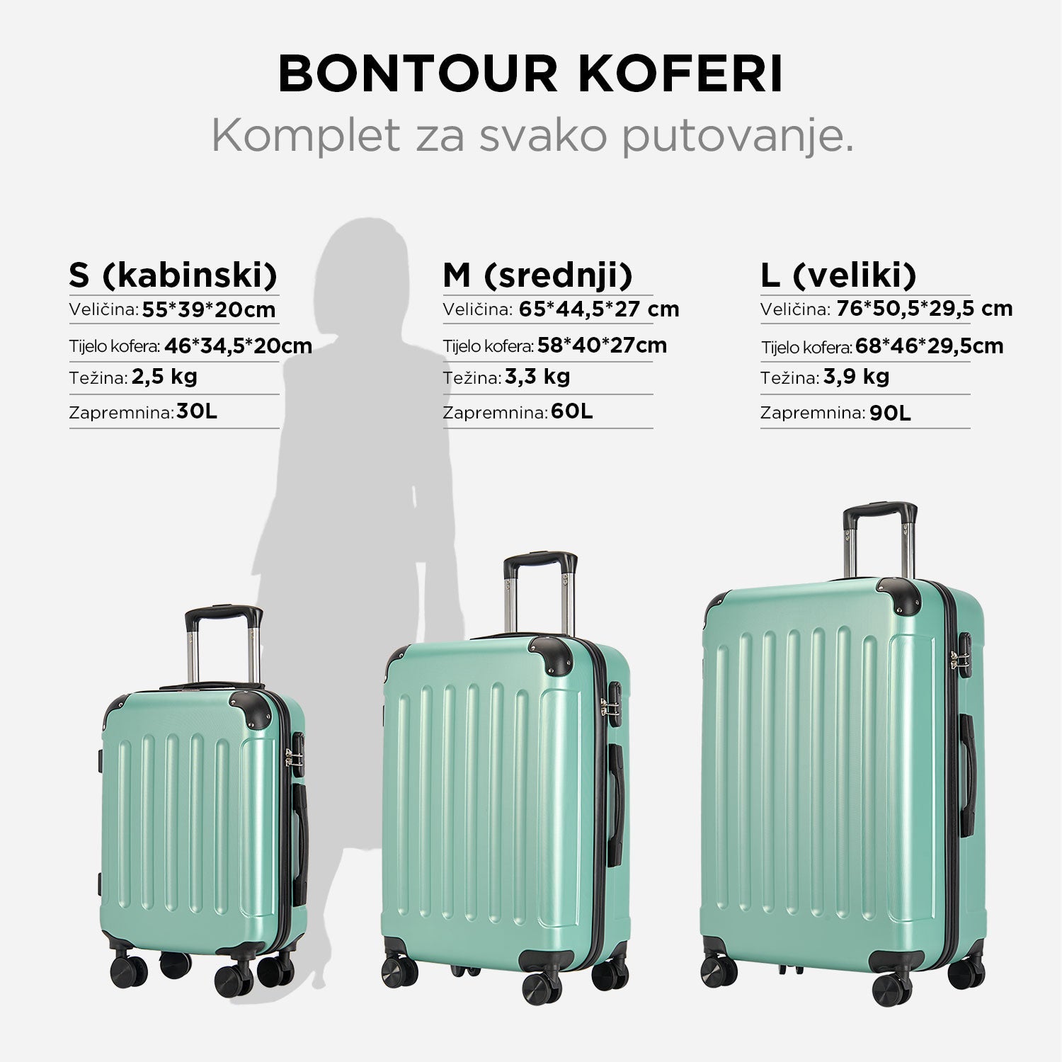 VERTICAL veliki kofer na 4 kotača s bravom, 76 x 50.5 x 29.5 cm, puder zelena | BONTOUR-vitahome.hr