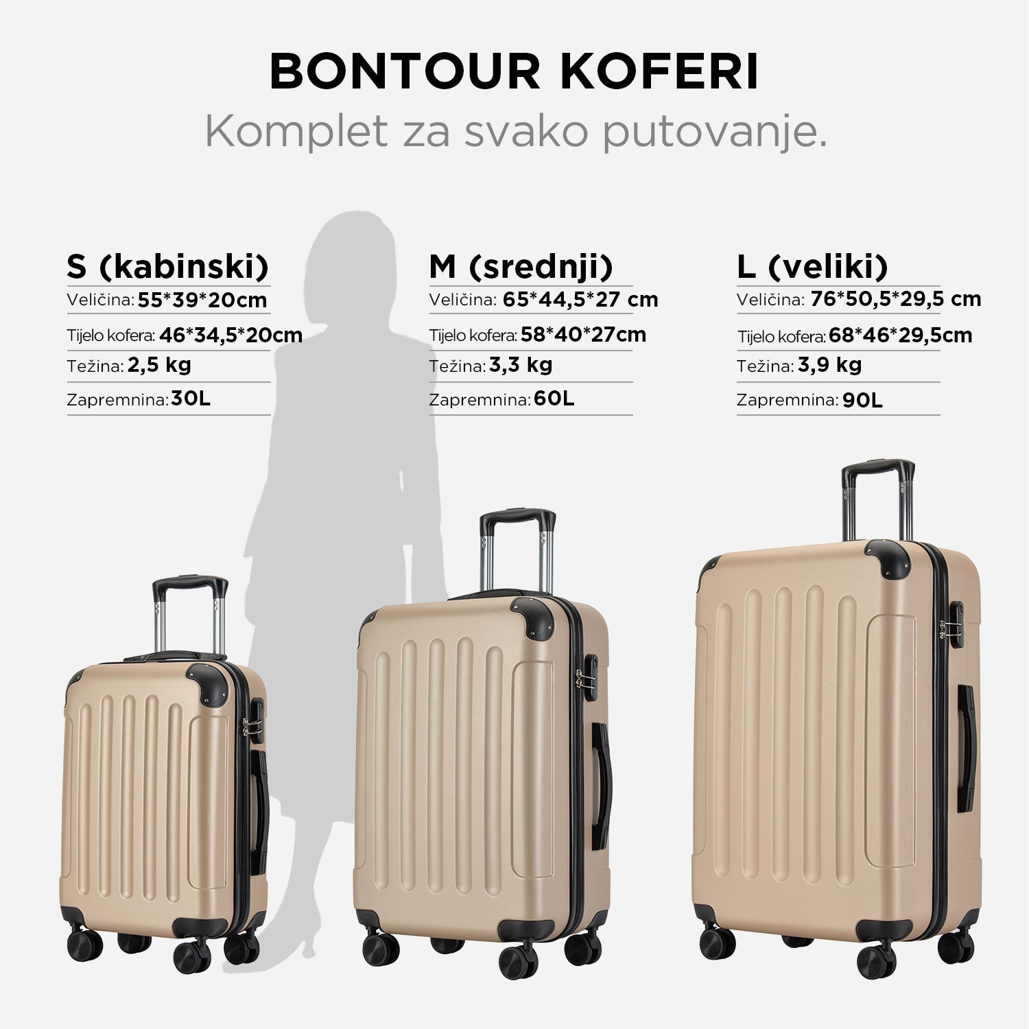 VERTICAL veliki kofer na 4 kotača s bravom, 76 x 50.5 x 29.5 cm, šampanjac | BONTOUR-vitahome.hr