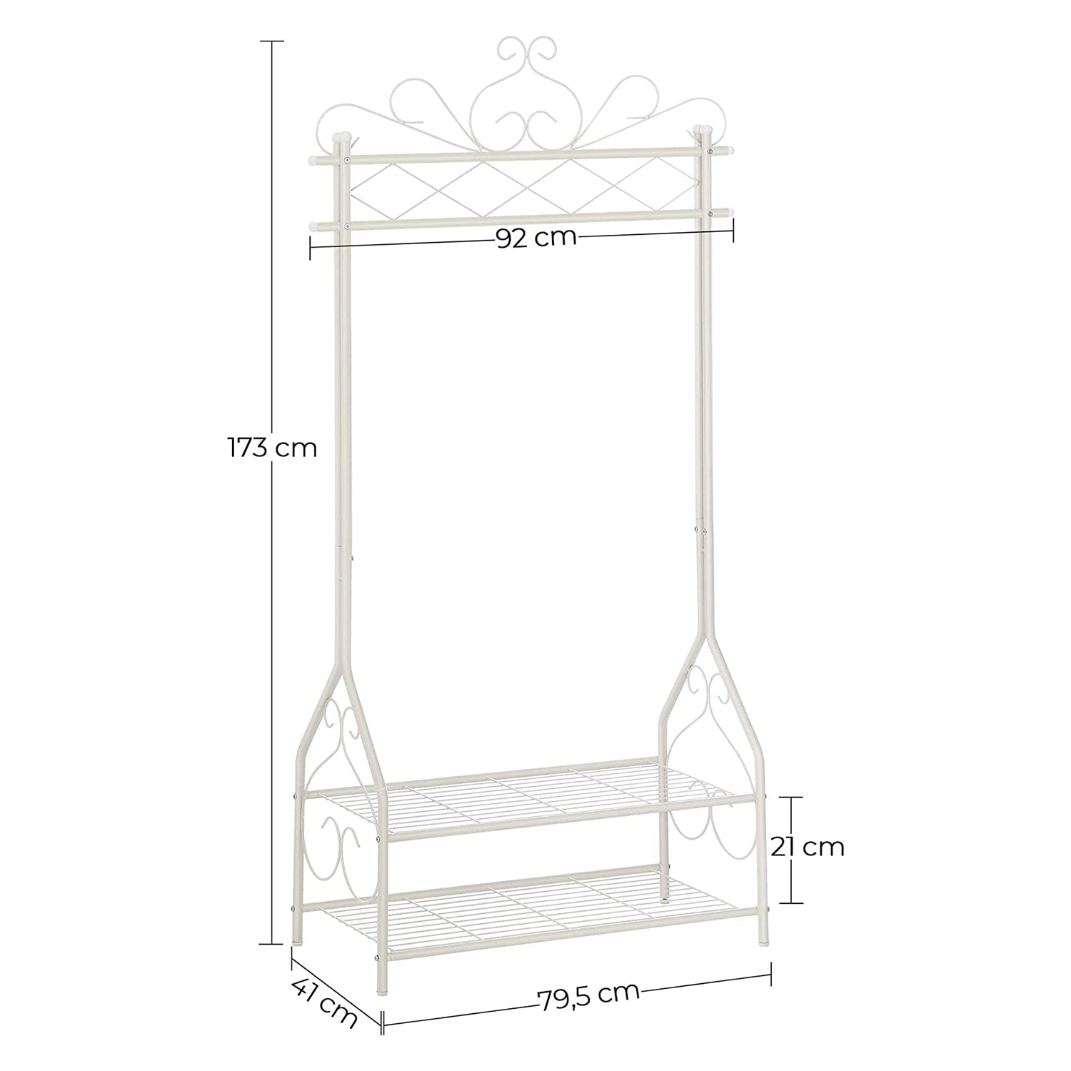 Vintage stalak za odjeću sa šipkom i 2 metalne police, 92 x 41 x 173 cm, bijeli | SONGMICS-vitahome.hr
