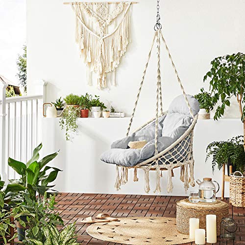 Viseća stolica, ljuljačka stolica boho stila nosivosti do 120 kg, krem bijela i siva | SONGMICS-vitahome.hr