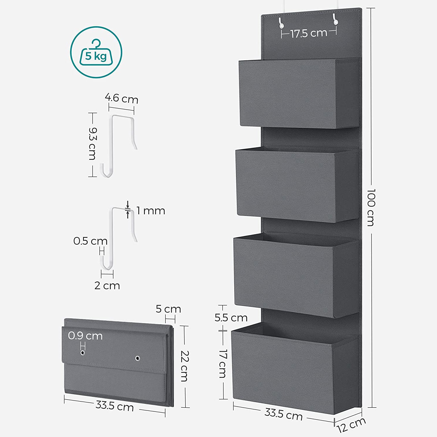 Viseći organizator za odlaganje s 4 džepa 33,5 x 100 x 12 cm, sivi | SONGMICS-vitahome.hr