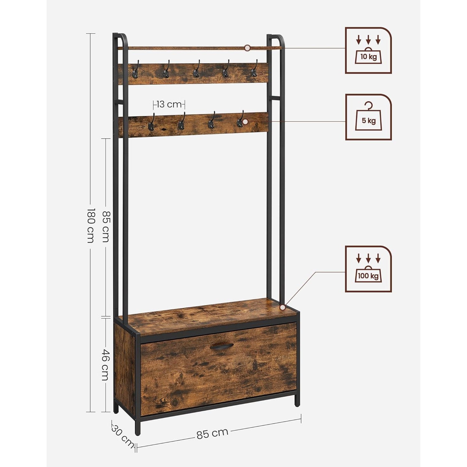 Višenamjenski stalak za kapute i obuću, 85 x 30x 180cm, vintage smeđe-crni | VASAGLE-vitahome.hr